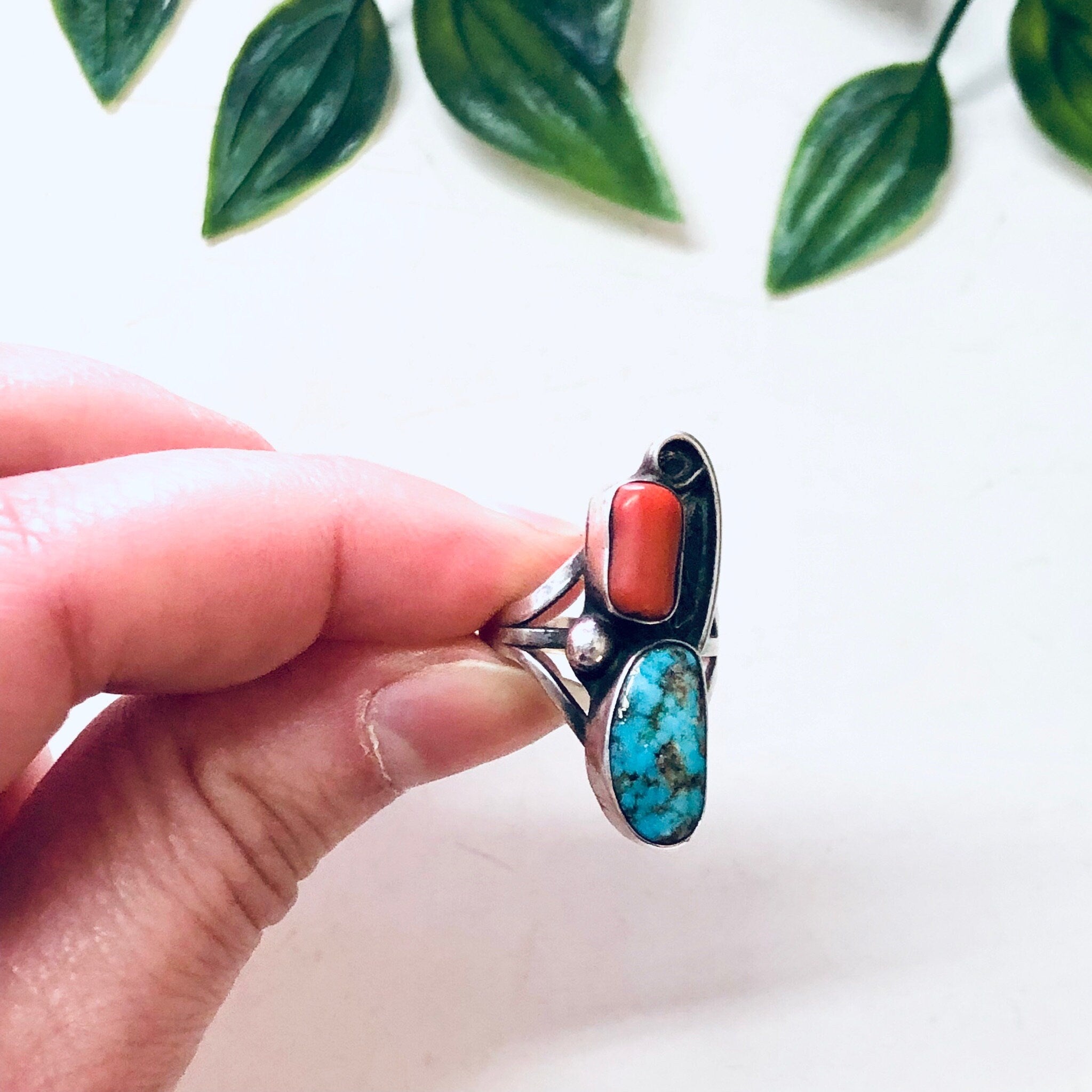 Vintage Silver Ring, Turquoise Ring, Coral Ring, Southwestern Jewelry, Pink Ring, Vintage Jewelry, Blue and Red, Bohemian Ring, Boho Style