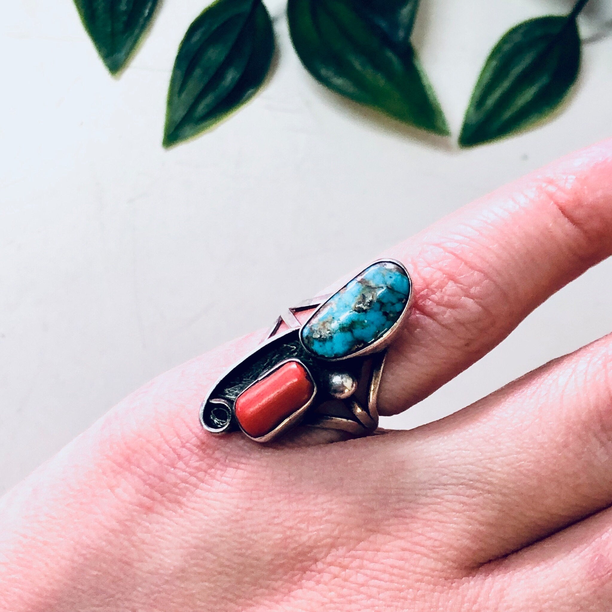 Vintage Silver Ring, Turquoise Ring, Coral Ring, Southwestern Jewelry, Pink Ring, Vintage Jewelry, Blue and Red, Bohemian Ring, Boho Style