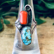 Vintage Silver Ring, Turquoise Ring, Coral Ring, Southwestern Jewelry, Pink Ring, Vintage Jewelry, Blue and Red, Bohemian Ring, Boho Style