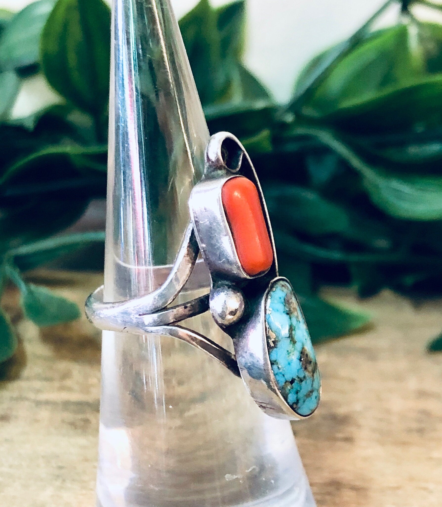 Vintage Silver Ring, Turquoise Ring, Coral Ring, Southwestern Jewelry, Pink Ring, Vintage Jewelry, Blue and Red, Bohemian Ring, Boho Style