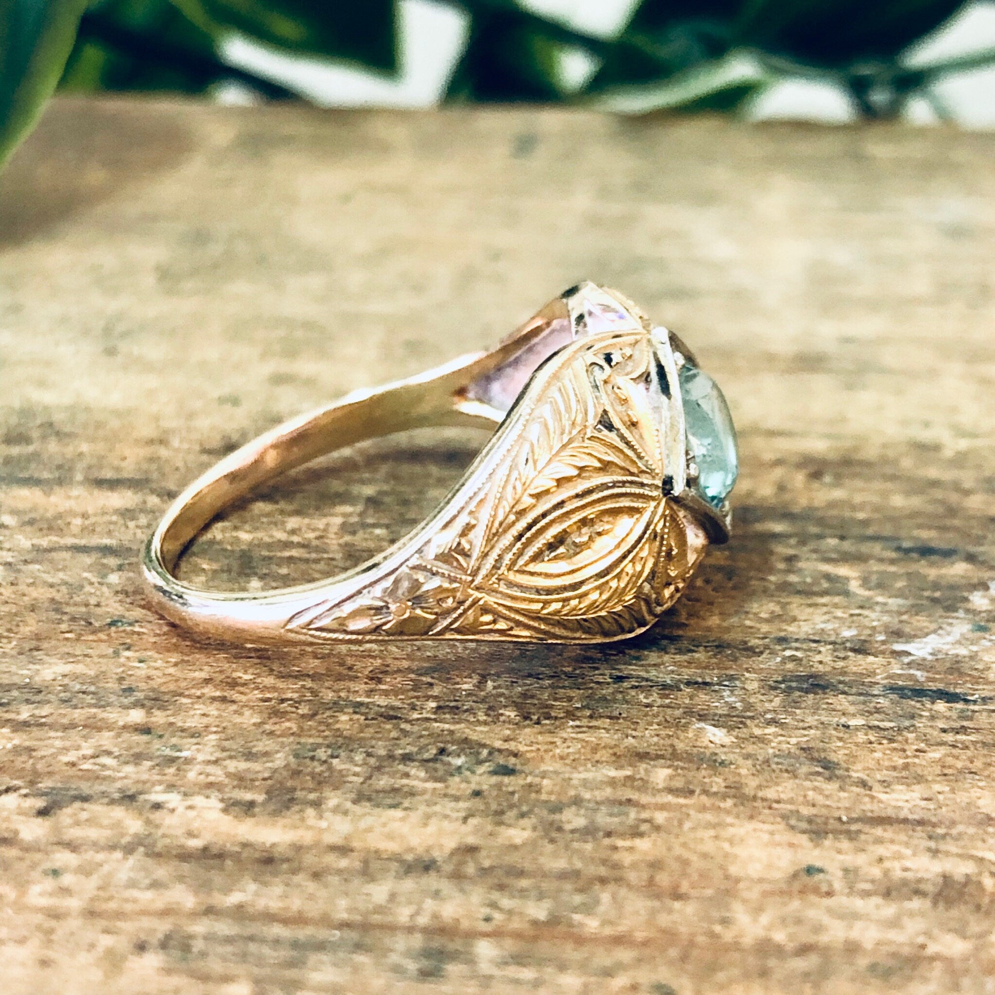 Vintage Ring, 14K Gold Ring, Platinum Ring, Aquamarine Jewelry, Engagement Jewelry, Art Deco Jewelry, Vintage Jewelry, Yellow Gold, Platinum