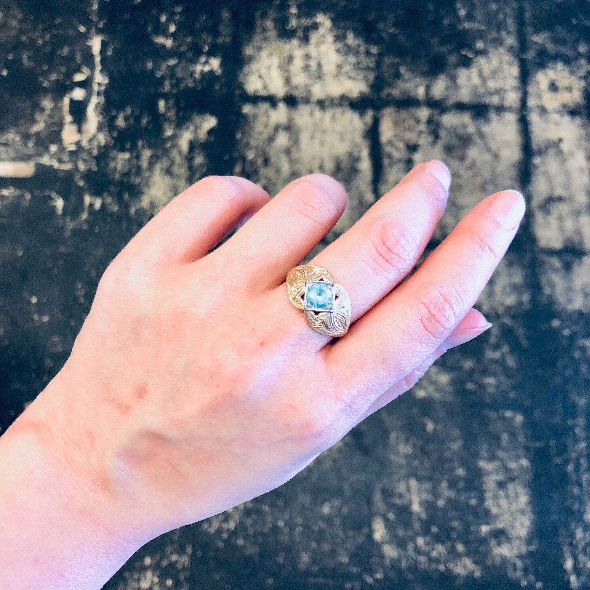Vintage Ring, 14K Gold Ring, Platinum Ring, Aquamarine Jewelry, Engagement Jewelry, Art Deco Jewelry, Vintage Jewelry, Yellow Gold, Platinum