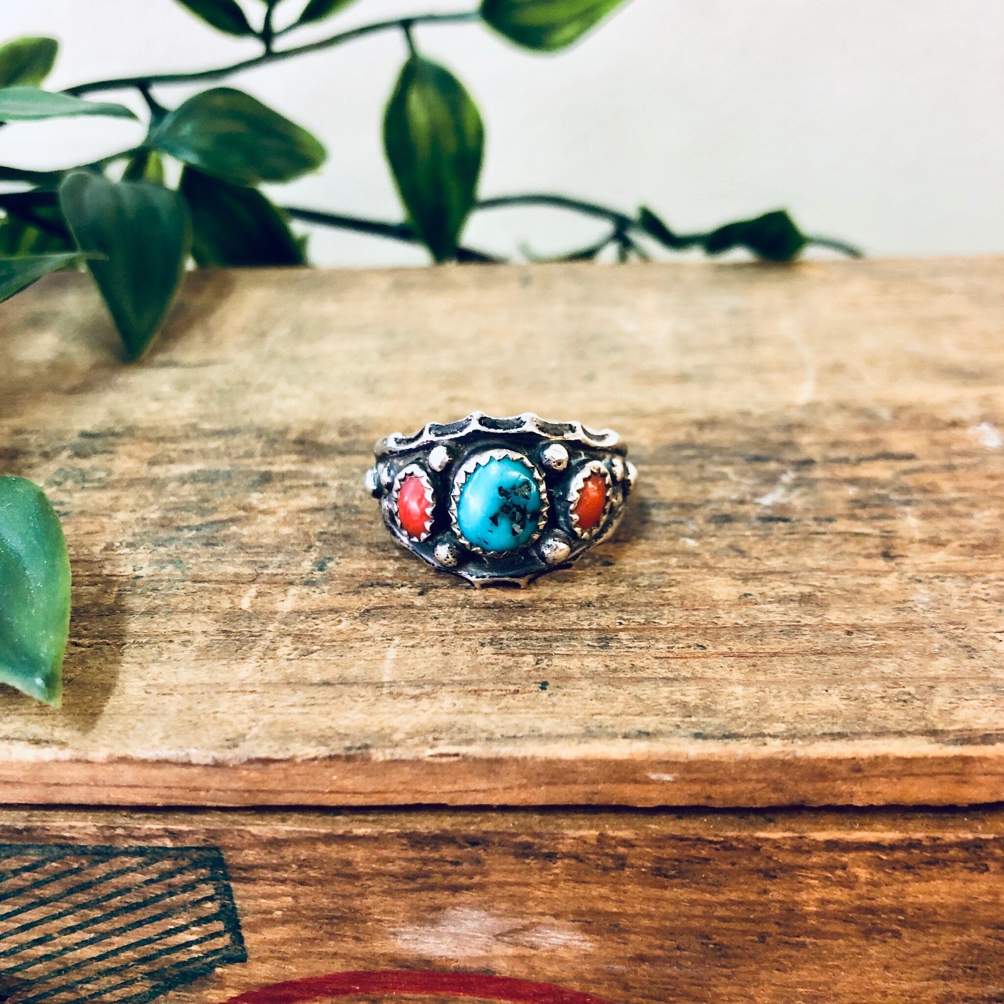 Vintage Silver Ring, Turquoise Ring, Coral Ring, Navajo Jewelry, Southwestern Style, Statement Ring, Boho Style, Bohemian Jewelry, 925 Ring
