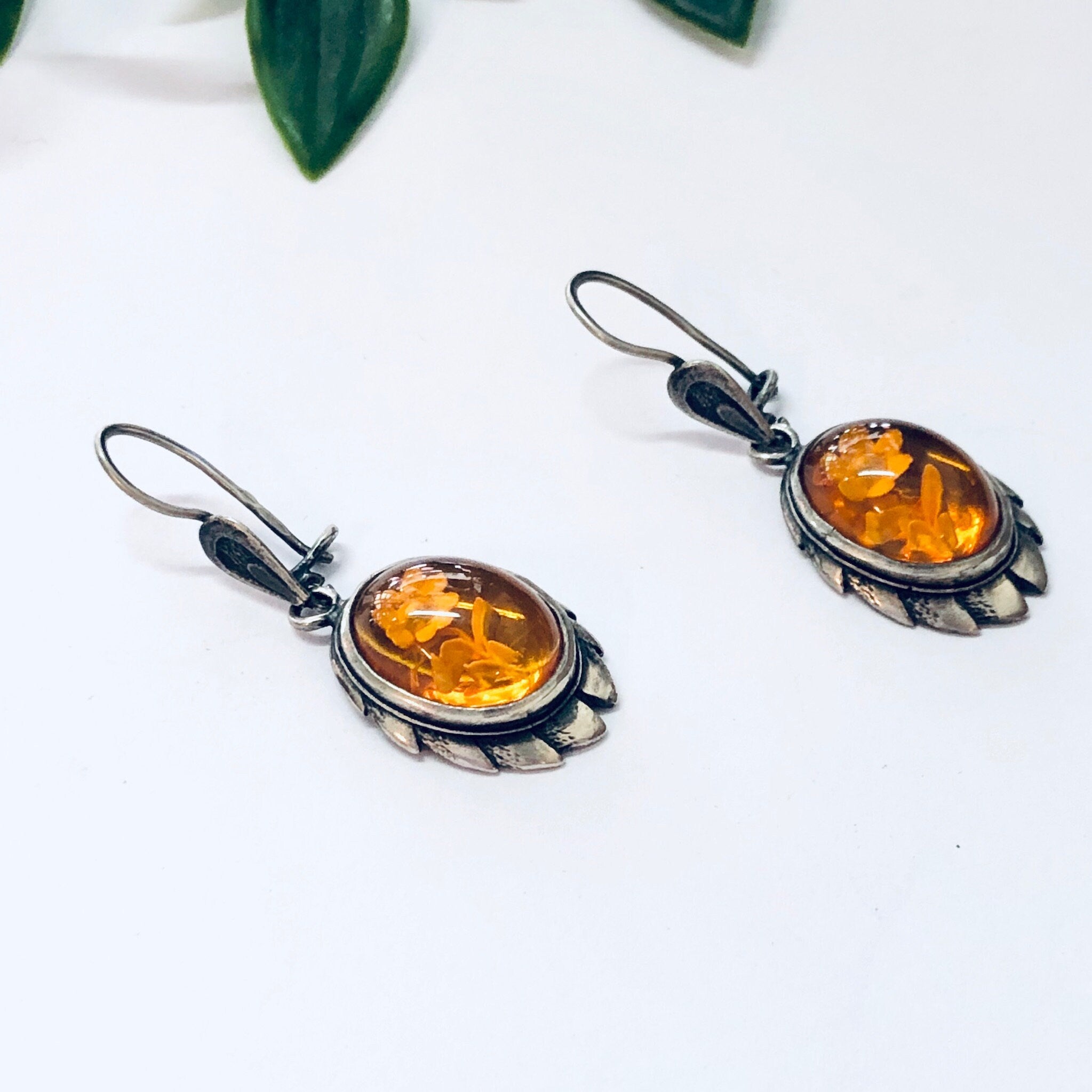 Vintage Earrings, Amber Earrings, Carved Amber Earrings, Baltic Amber, Silver Earrings, Pierced Ears, Dangle Earrings, Floral Jewelry, 925
