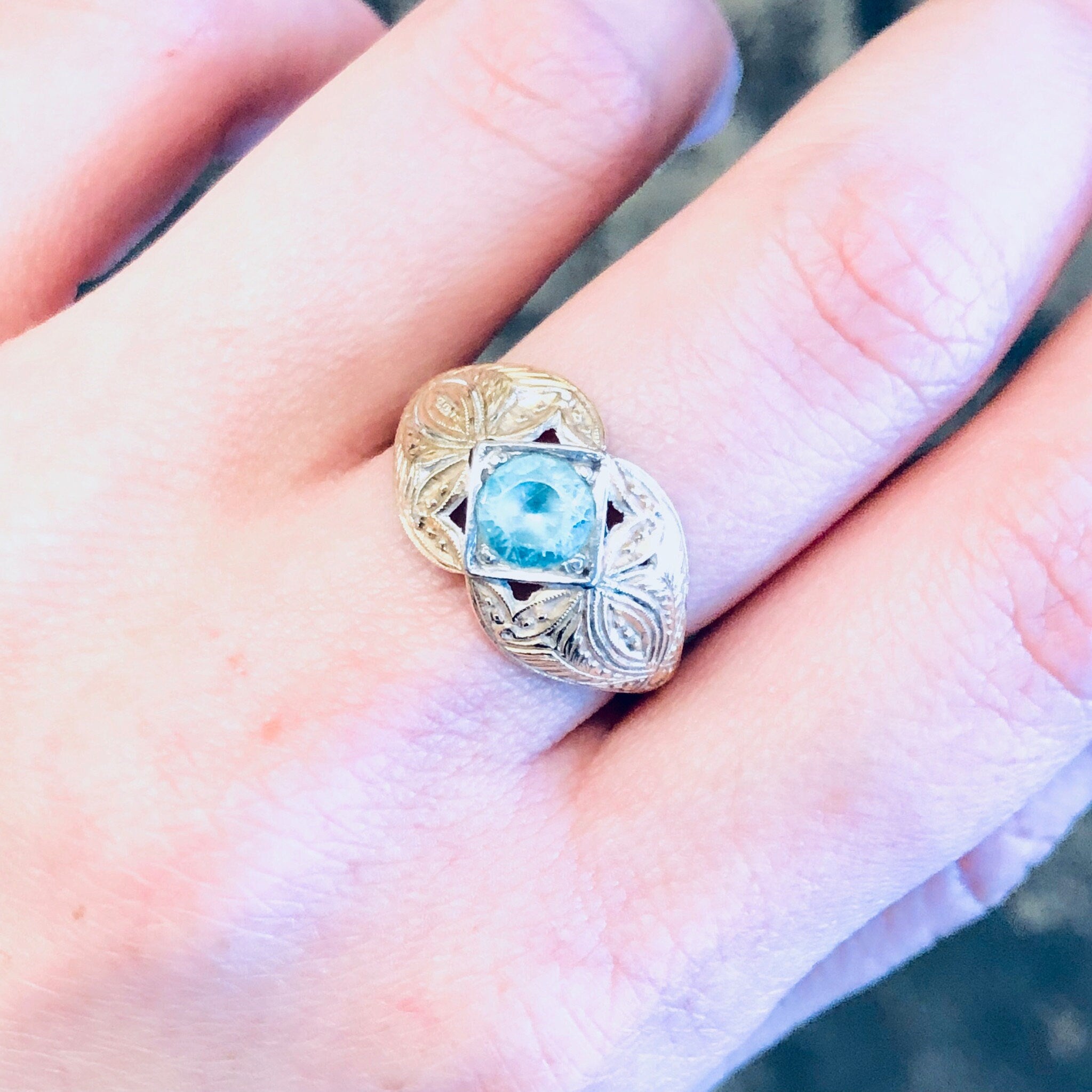 Vintage Ring, 14K Gold Ring, Platinum Ring, Aquamarine Jewelry, Engagement Jewelry, Art Deco Jewelry, Vintage Jewelry, Yellow Gold, Platinum