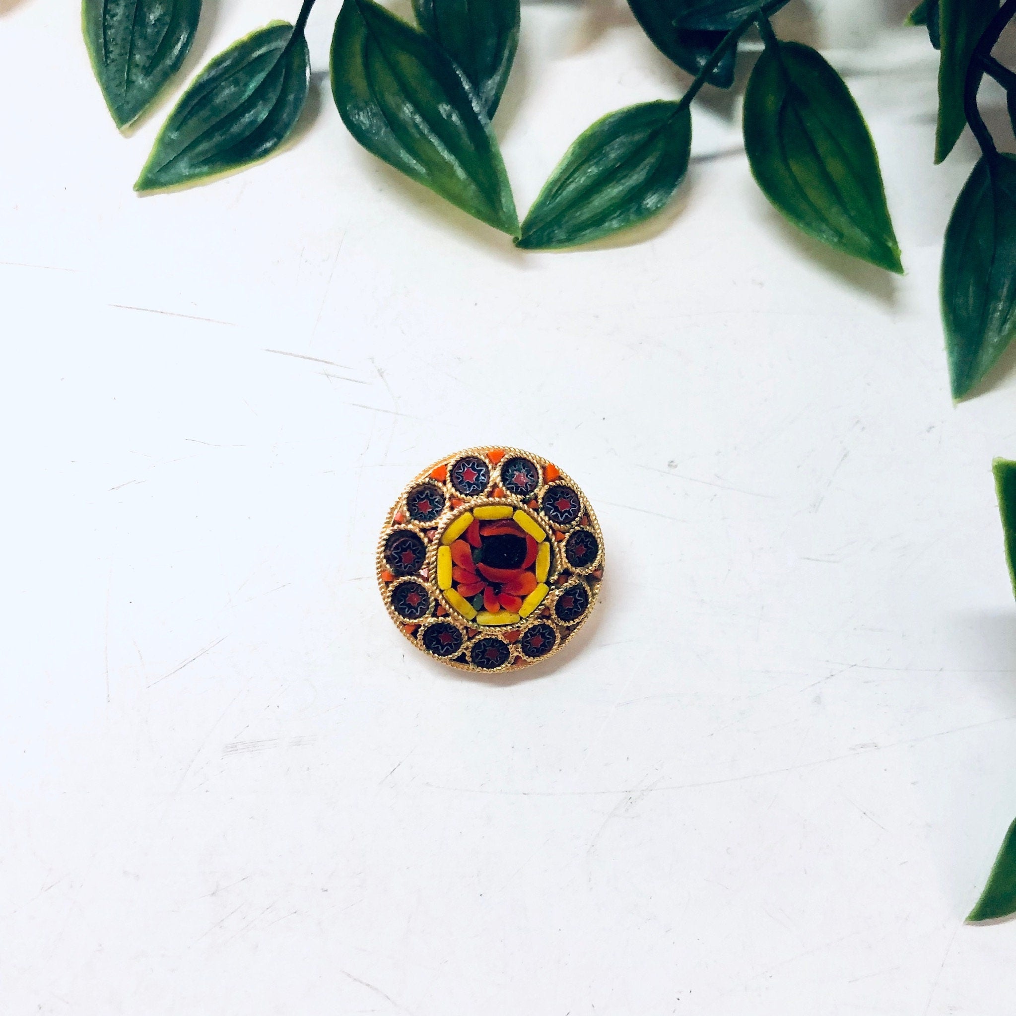 Vintage Millefiori Pin, Vintage Brooch, Small Pin, Round Pin, Vintage Jewelry, Mosaic Jewelry, Yellow, Flower Pin, Blue, Red, Roses, Brooch