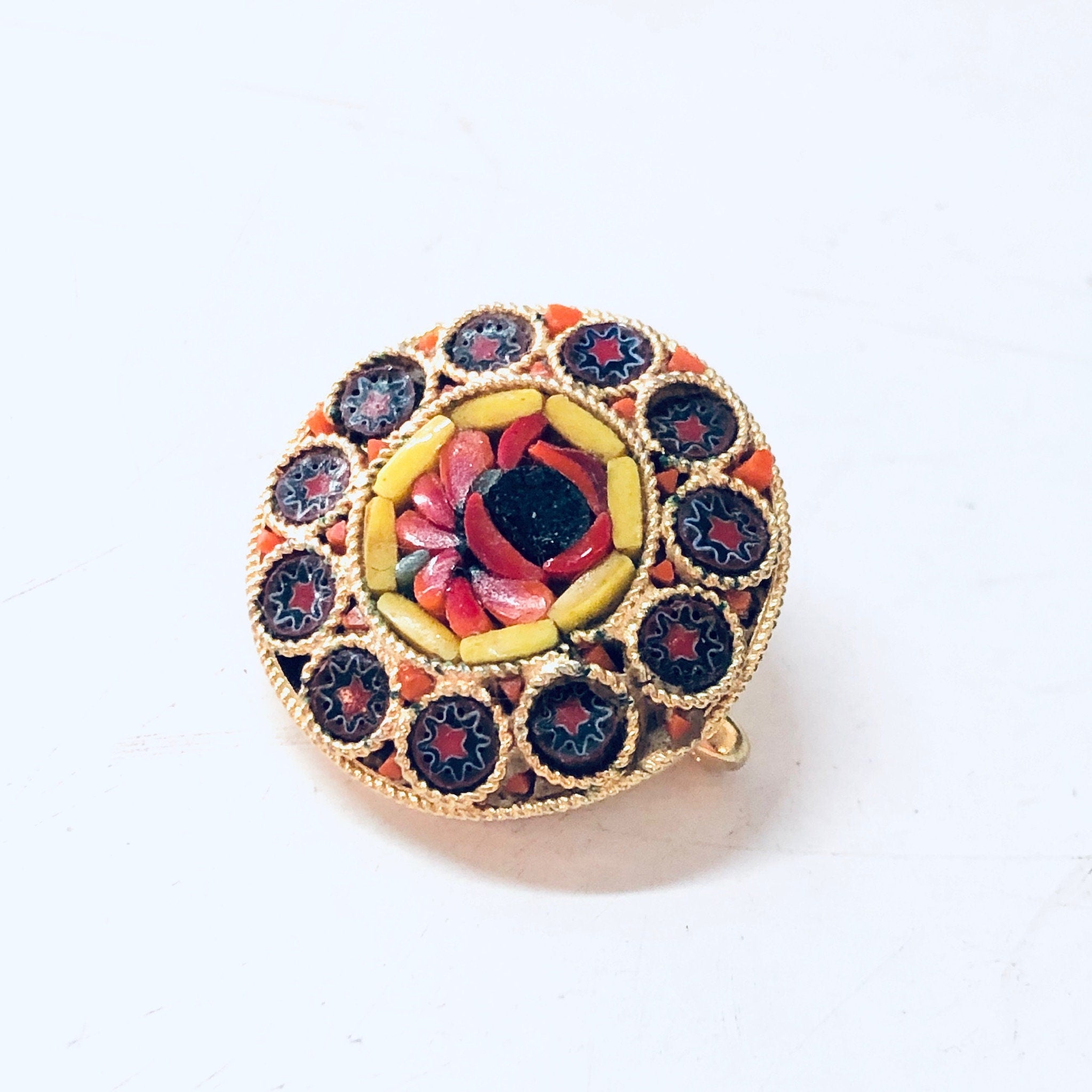 Vintage Millefiori Pin, Vintage Brooch, Small Pin, Round Pin, Vintage Jewelry, Mosaic Jewelry, Yellow, Flower Pin, Blue, Red, Roses, Brooch