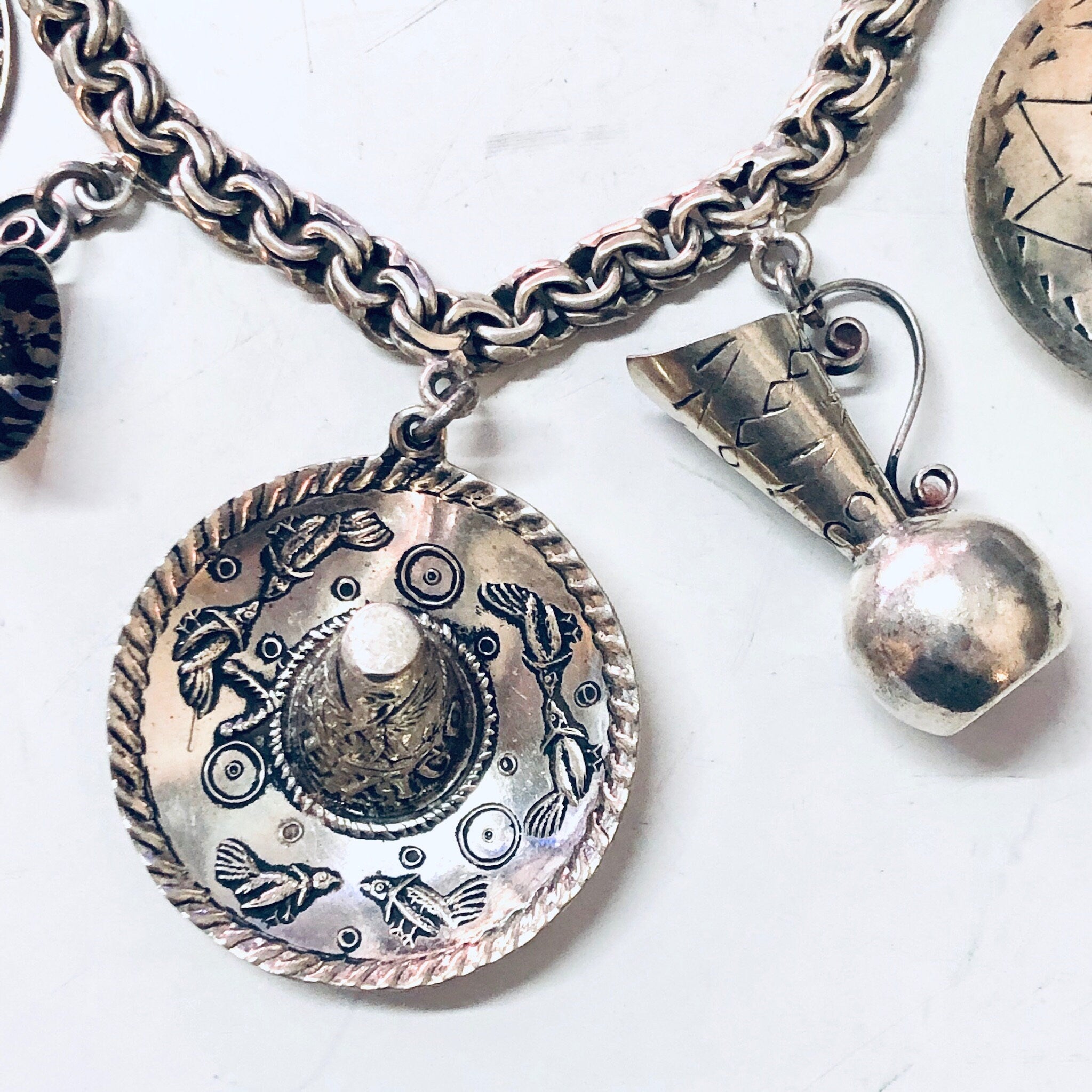 Vintage Charm Bracelet, Charm Bracelet, Mexican Inspired Bracelet, Sombrero Bracelet, Concho Bracelet, Silver Charm Bracelet, Souvenir, 925