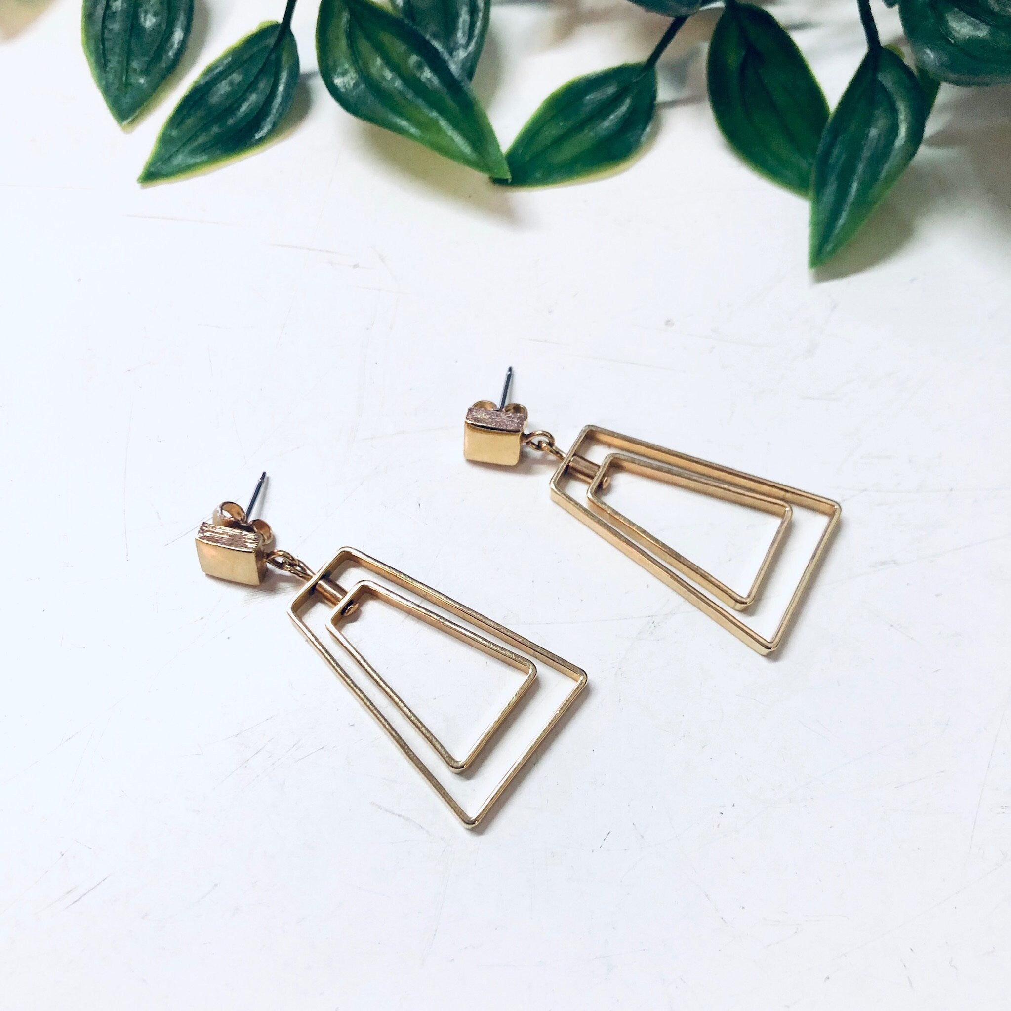 Vintage Earrings, Geometric Earrings, Gold Toned Earrings, Vintage Jewelry, Dangle Earrings, Pierced Ears, Geometric Style, Unique Jewelry