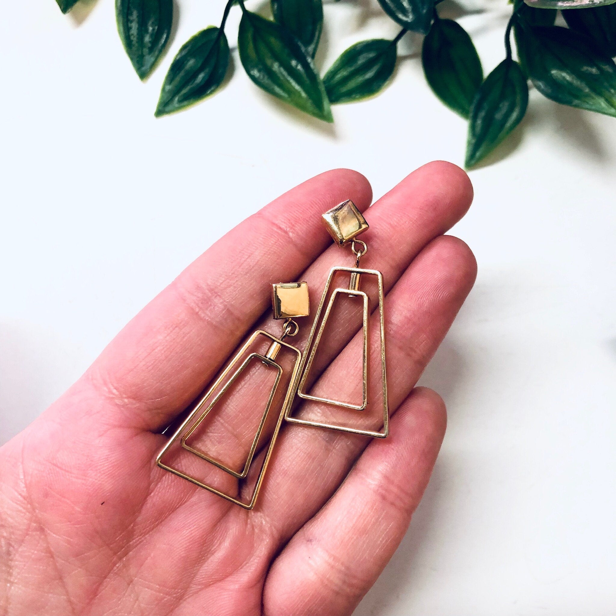 Vintage Earrings, Geometric Earrings, Gold Toned Earrings, Vintage Jewelry, Dangle Earrings, Pierced Ears, Geometric Style, Unique Jewelry