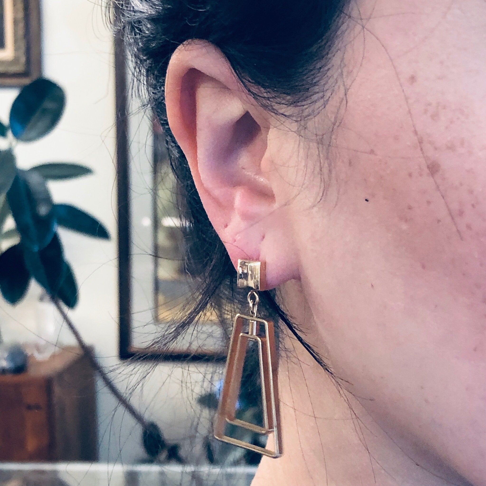 Vintage Earrings, Geometric Earrings, Gold Toned Earrings, Vintage Jewelry, Dangle Earrings, Pierced Ears, Geometric Style, Unique Jewelry