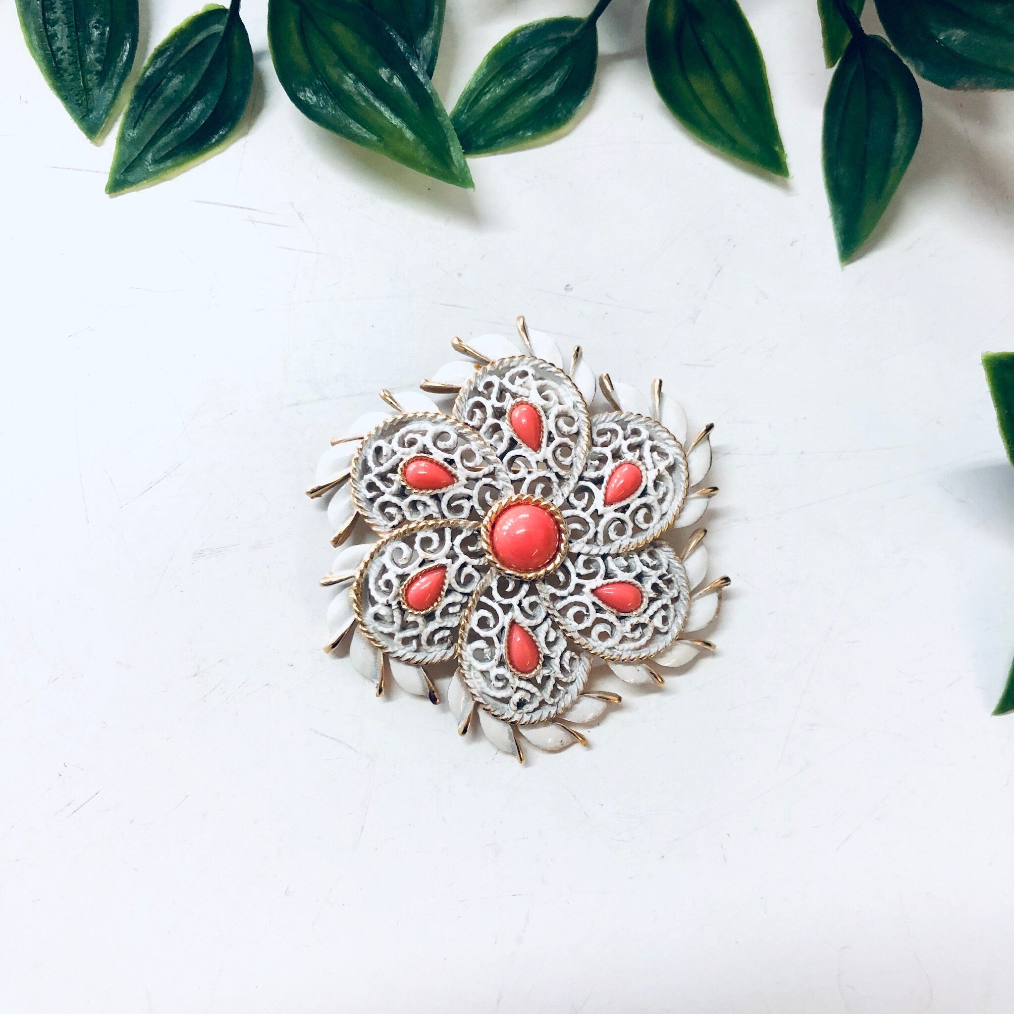 Vintage Brooch, Trifari Brooch, White Trifari Brooch, Vintage Jewelry, Orange Brooch, Gold Toned Accents, Statement Jewelry, Vintage Pin