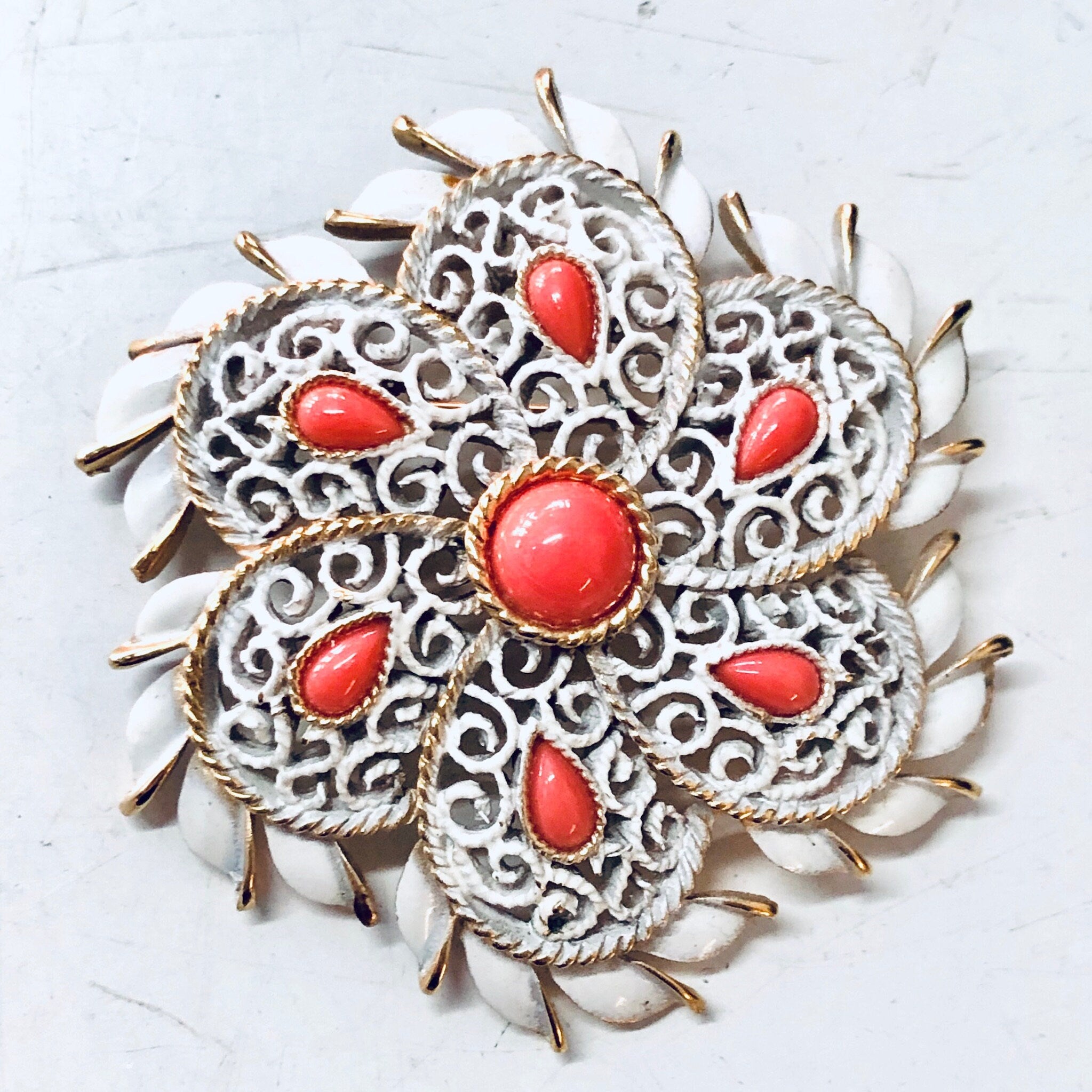 Vintage Brooch, Trifari Brooch, White Trifari Brooch, Vintage Jewelry, Orange Brooch, Gold Toned Accents, Statement Jewelry, Vintage Pin