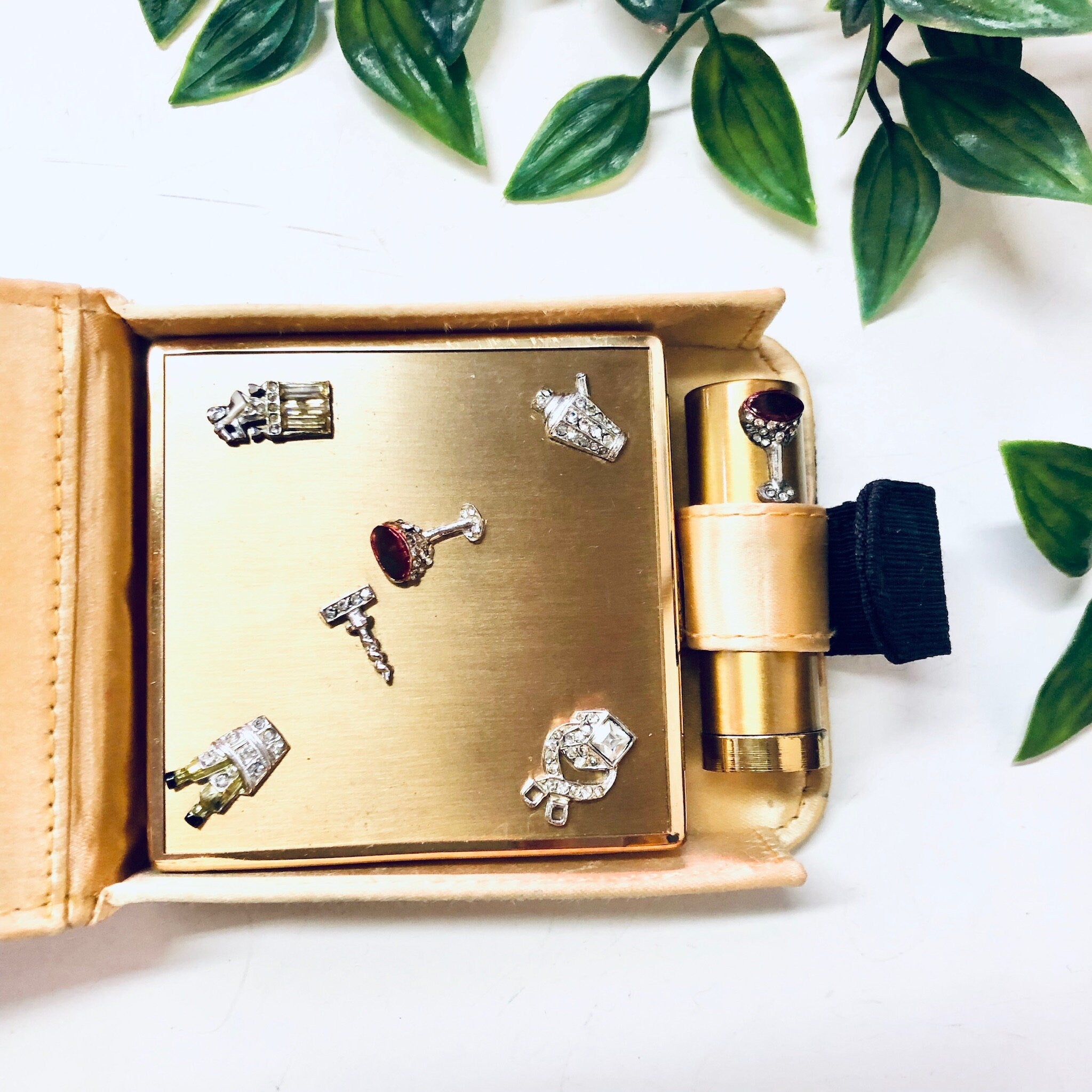 Ciner Compact, Vintage Compact, Lipstick Tube, Compact and Lipstick, DIY Makeup, Rhinestone Compact, Gold Toned Compact, Martini Compact,