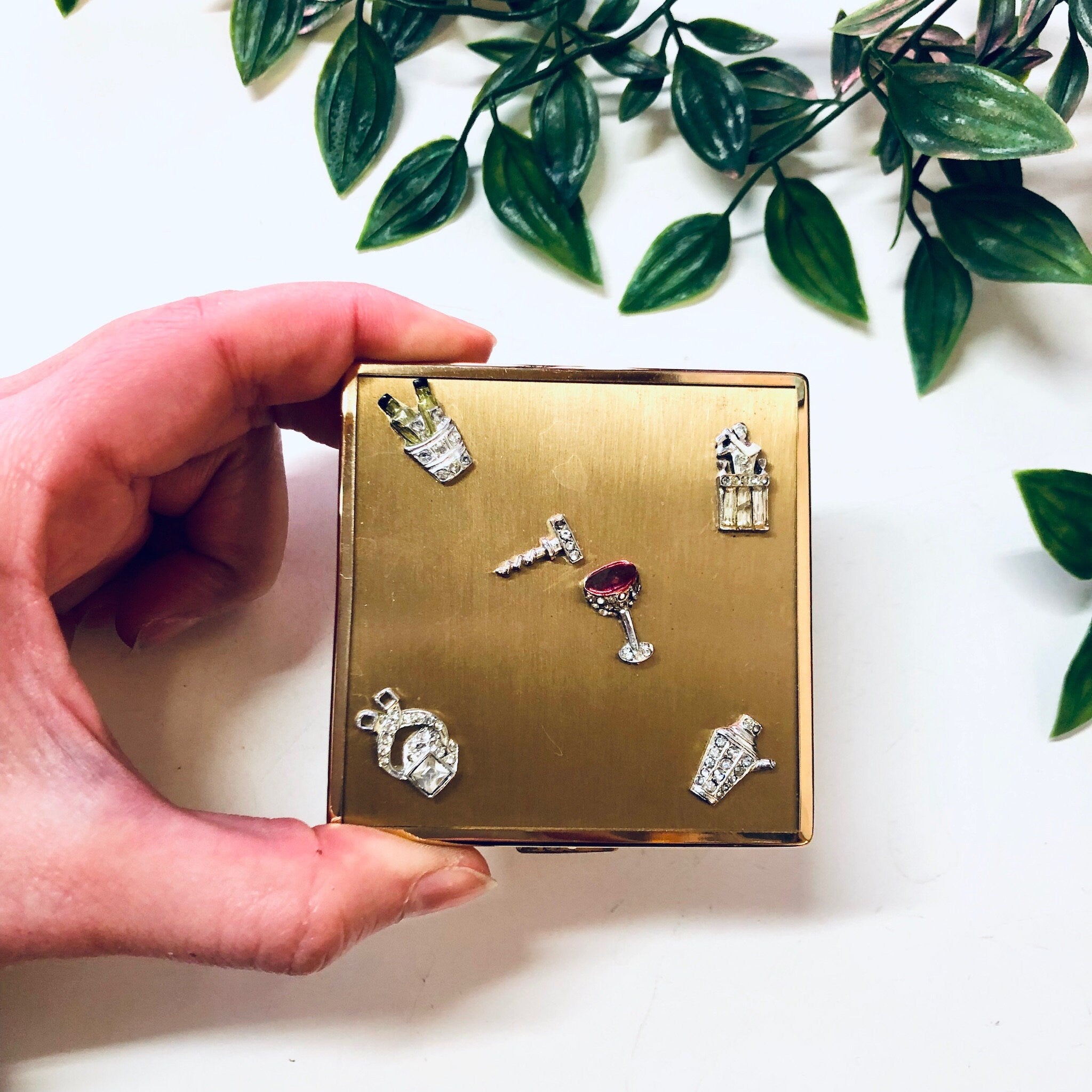 Ciner Compact, Vintage Compact, Lipstick Tube, Compact and Lipstick, DIY Makeup, Rhinestone Compact, Gold Toned Compact, Martini Compact,