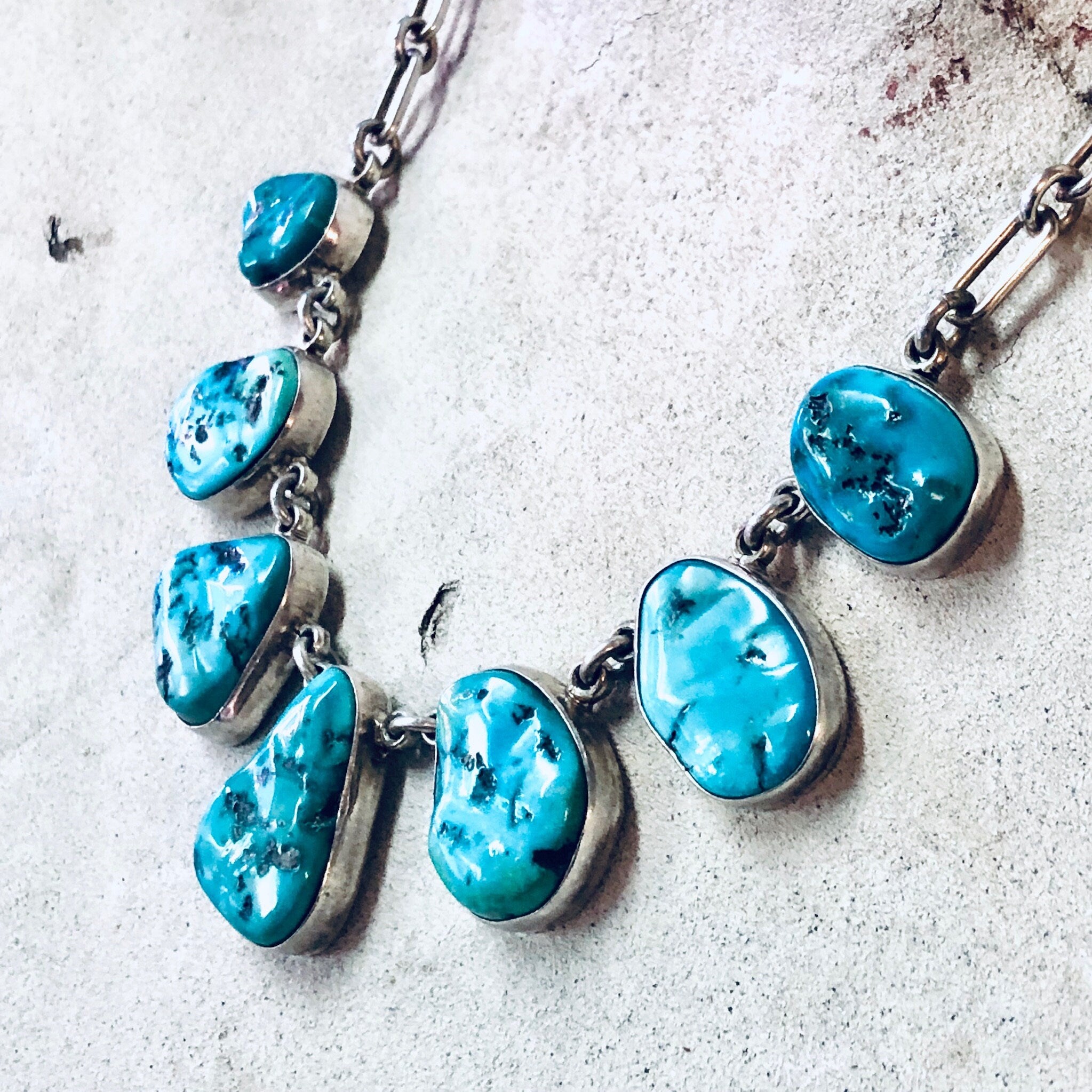 Vintage Necklace, Bib Necklace, Statement Jewelry, Turquoise Necklace, Link Necklace, Blue and Silver, Vintage Jewelry, 925 Necklace, Blue