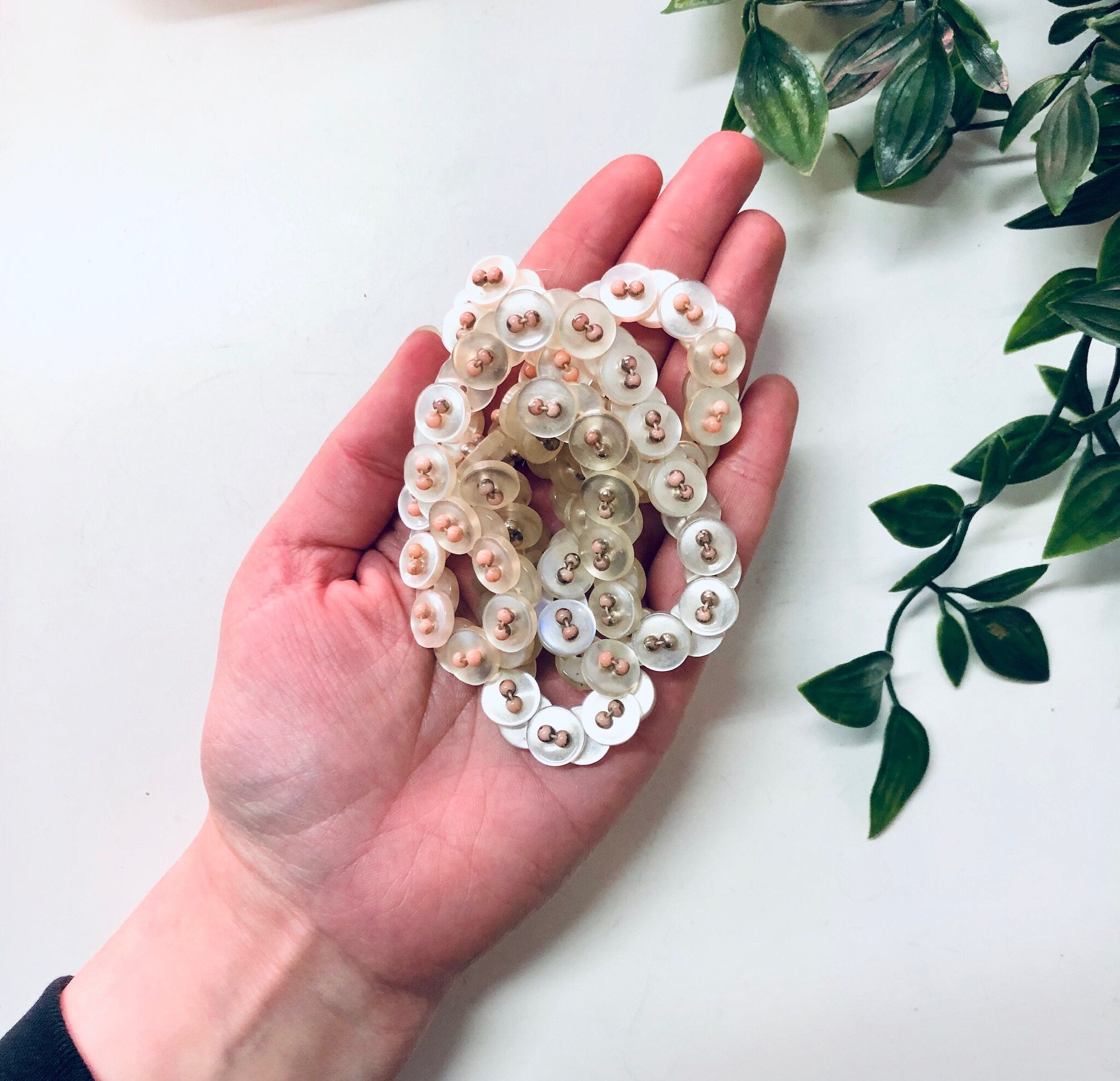 Vintage Necklace, Button Necklace, White Necklace, Pearlescent Necklace, Button Jewelry, Strand Necklace, Vintage Jewelry, Pink Bead, Beaded