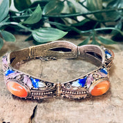 Vintage Bracelet, Amber Bracelet, Brass Jewelry, Enamel Jewelry, Blue and Green Enamel, Leaf Detail, Statement Jewelry, Link Bracelet, Amber
