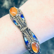 Vintage Bracelet, Amber Bracelet, Brass Jewelry, Enamel Jewelry, Blue and Green Enamel, Leaf Detail, Statement Jewelry, Link Bracelet, Amber
