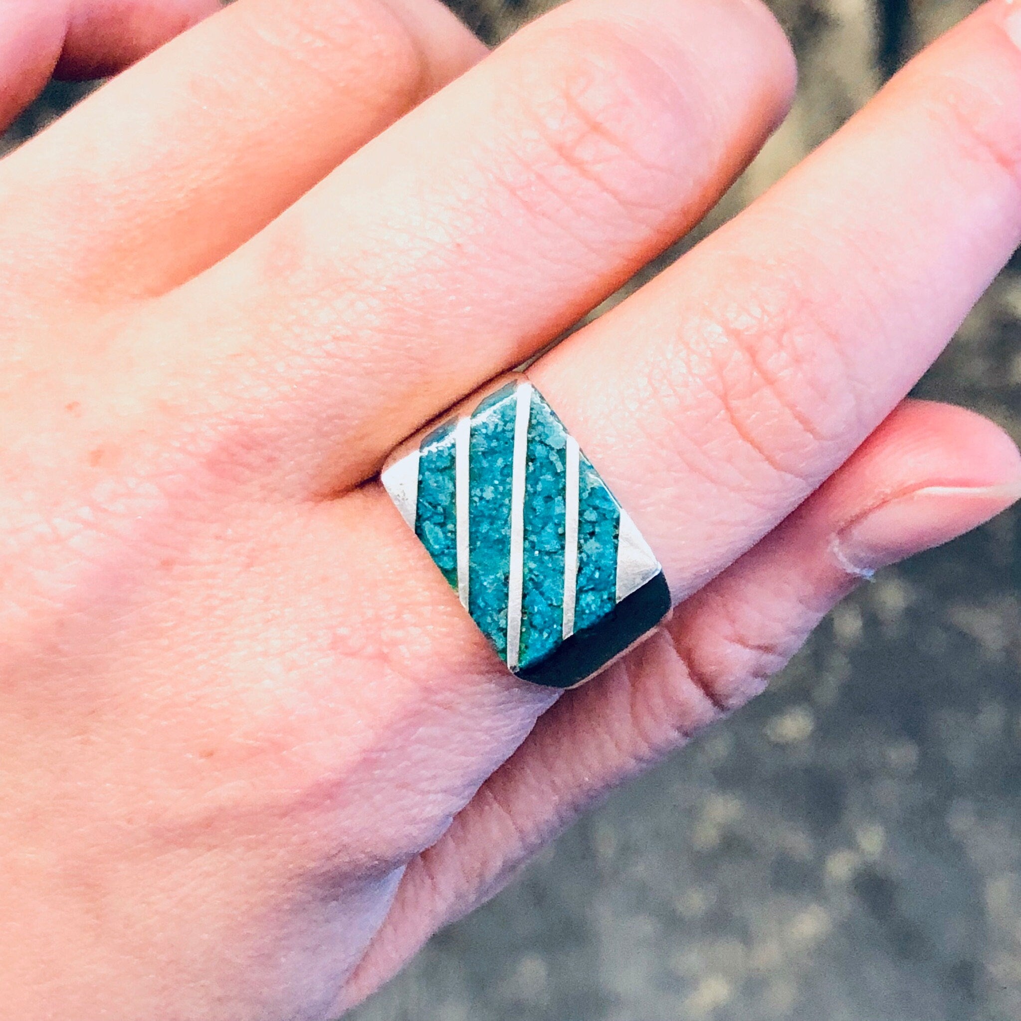 Vintage Ring, Silver Ring, Statement Ring, Turquoise Jewelry, Turquoise Ring, Striped Ring, Rectangle Ring, Blue and Silver, Vintage Jewelry