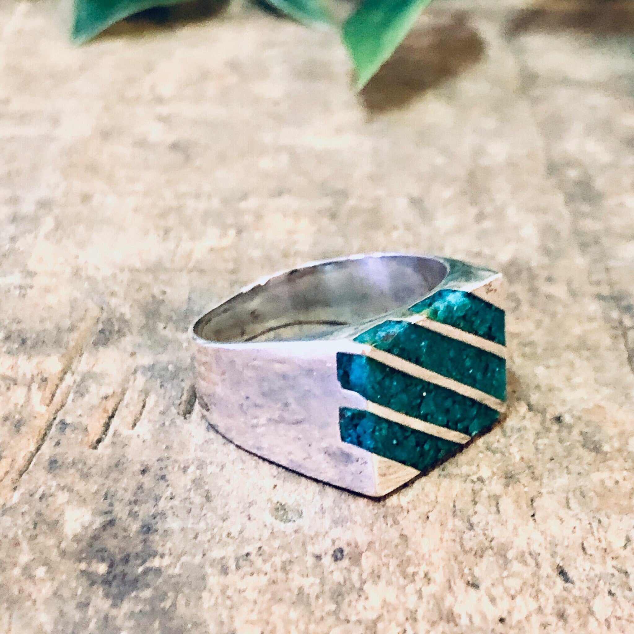 Vintage Ring, Silver Ring, Statement Ring, Turquoise Jewelry, Turquoise Ring, Striped Ring, Rectangle Ring, Blue and Silver, Vintage Jewelry