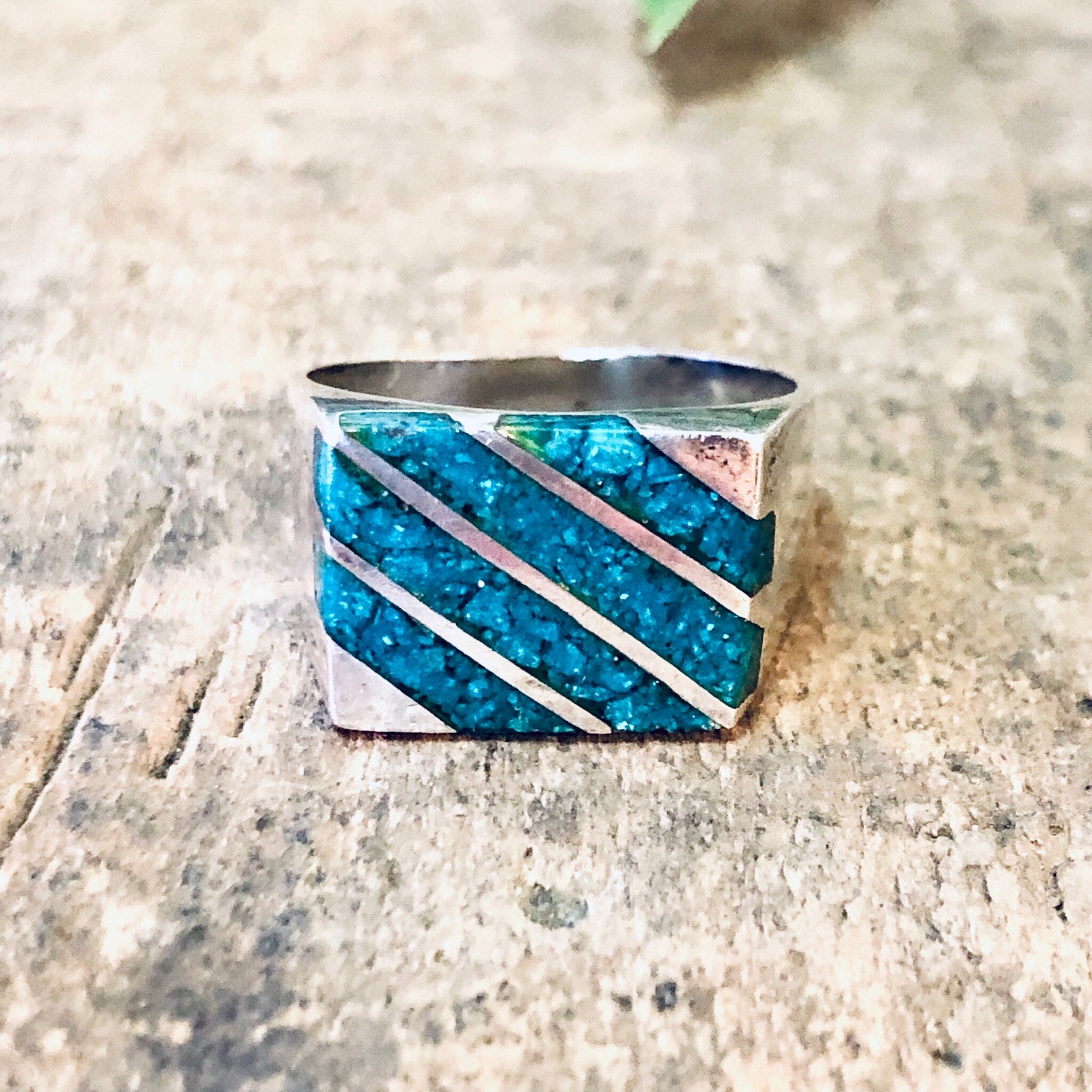 Vintage Ring, Silver Ring, Statement Ring, Turquoise Jewelry, Turquoise Ring, Striped Ring, Rectangle Ring, Blue and Silver, Vintage Jewelry