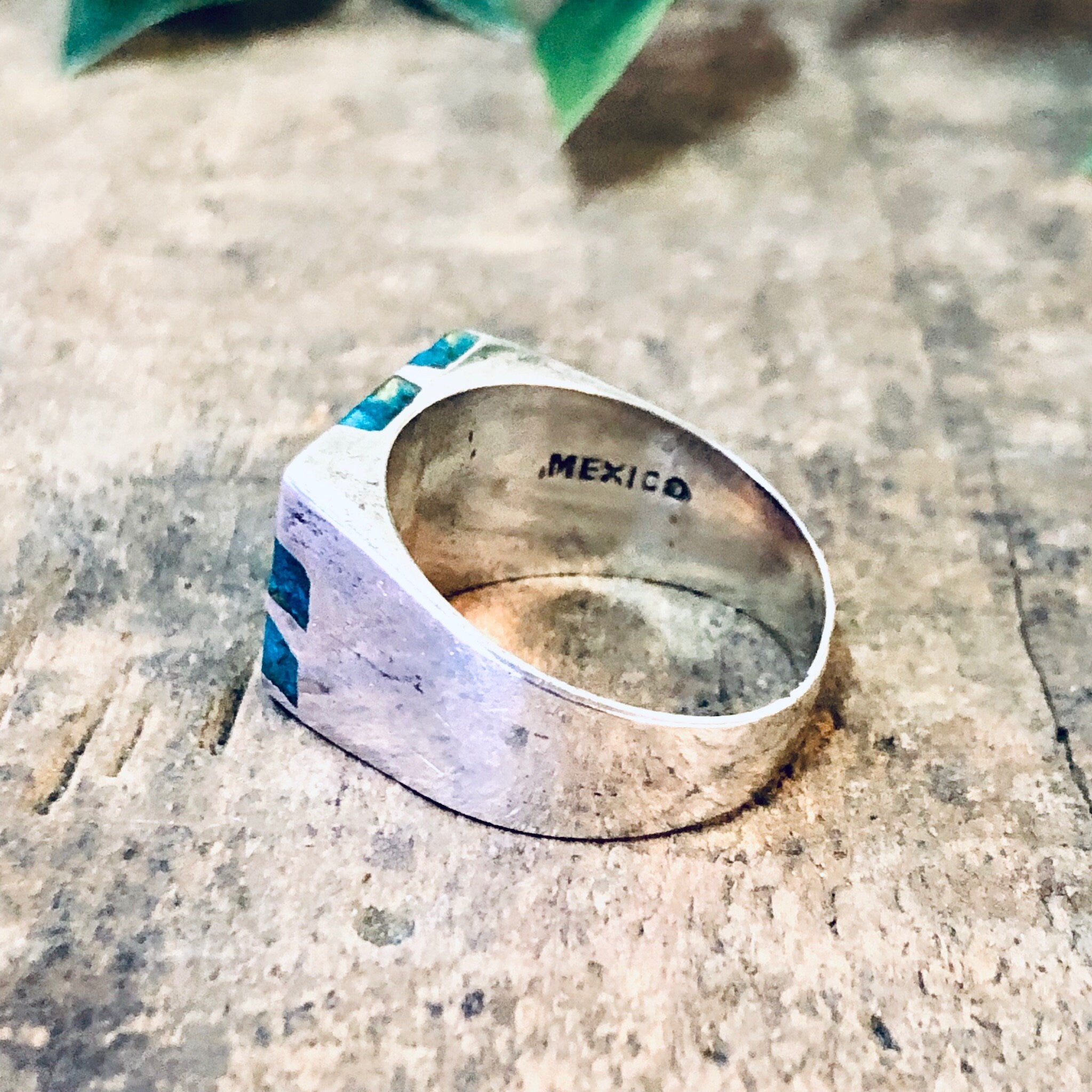Vintage Ring, Silver Ring, Statement Ring, Turquoise Jewelry, Turquoise Ring, Striped Ring, Rectangle Ring, Blue and Silver, Vintage Jewelry