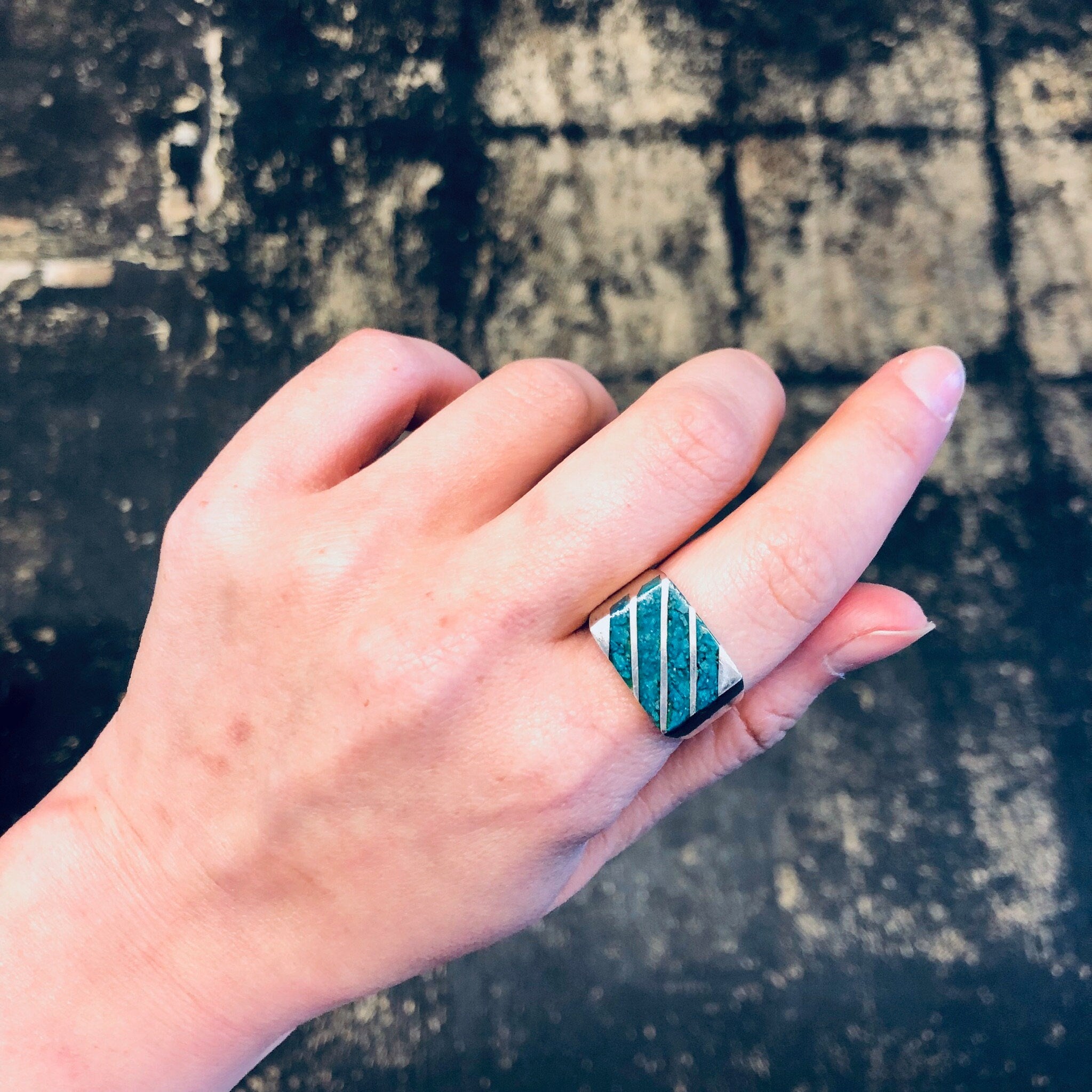 Vintage Ring, Silver Ring, Statement Ring, Turquoise Jewelry, Turquoise Ring, Striped Ring, Rectangle Ring, Blue and Silver, Vintage Jewelry