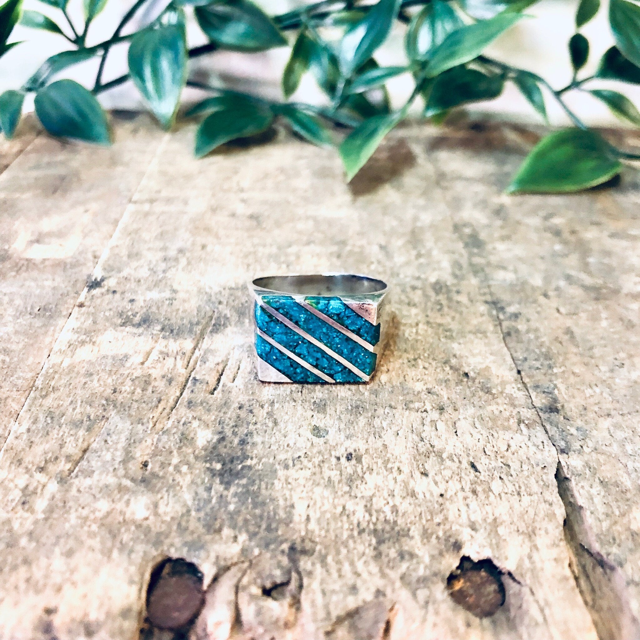 Vintage Ring, Silver Ring, Statement Ring, Turquoise Jewelry, Turquoise Ring, Striped Ring, Rectangle Ring, Blue and Silver, Vintage Jewelry