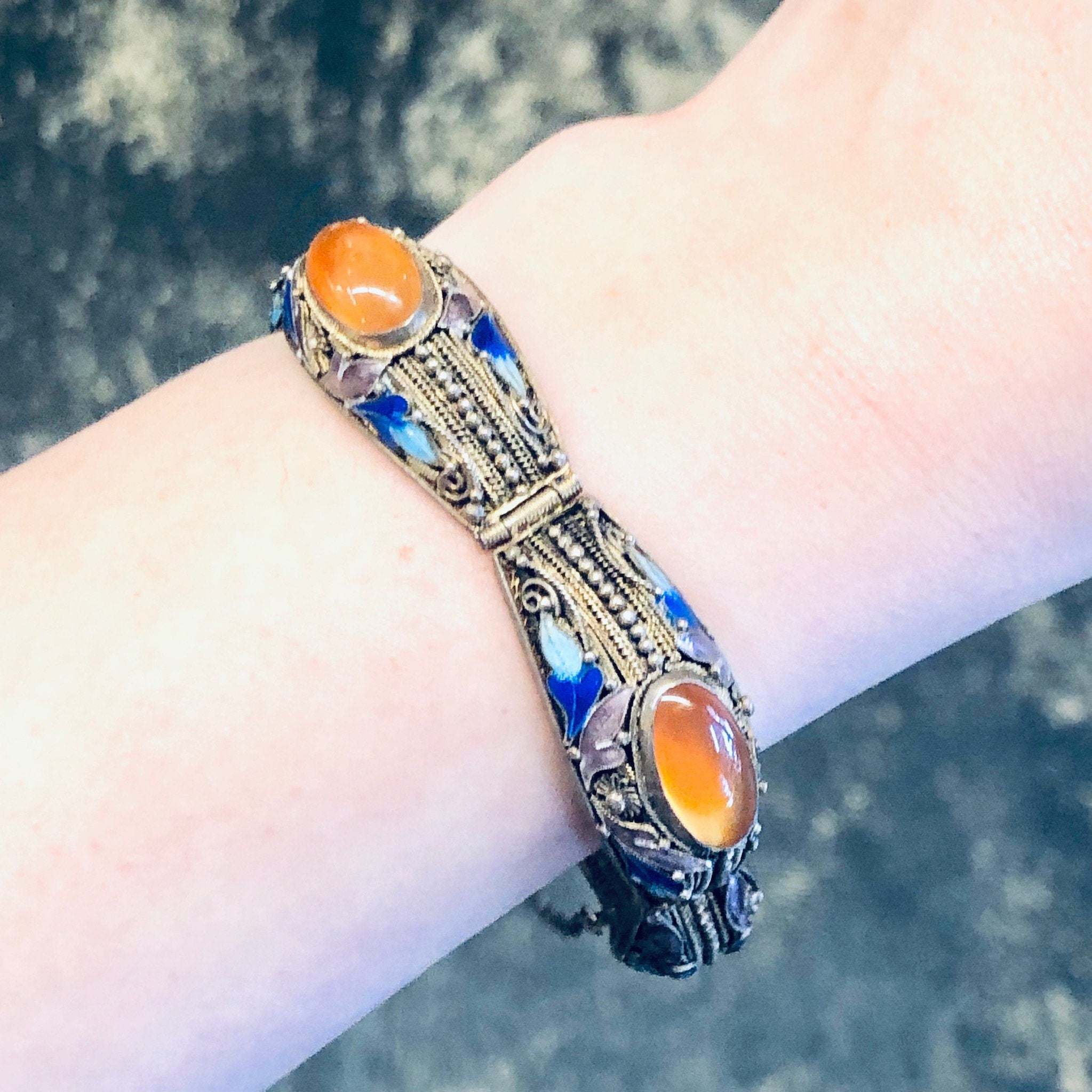 Vintage Bracelet, Amber Bracelet, Brass Jewelry, Enamel Jewelry, Blue and Green Enamel, Leaf Detail, Statement Jewelry, Link Bracelet, Amber
