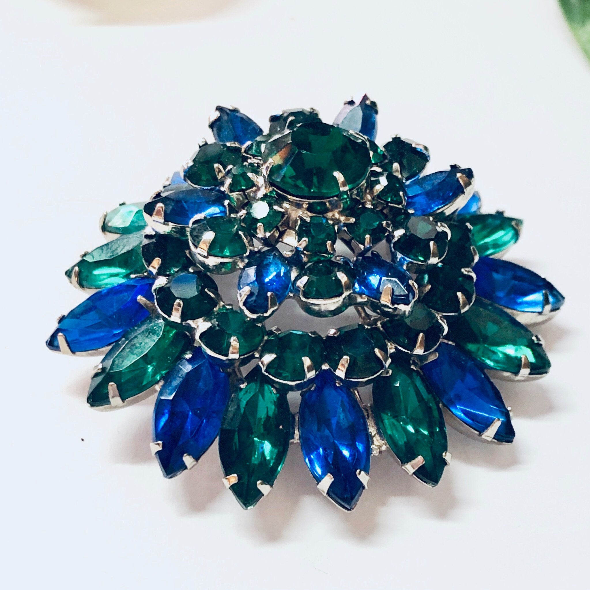 Vintage Brooch, Costume Jewelry, Statement Jewelry, Vintage Pin, Vintage Jewelry, Blue Gemstones, Green Gemstone, Plastic Brooch, Large Pin