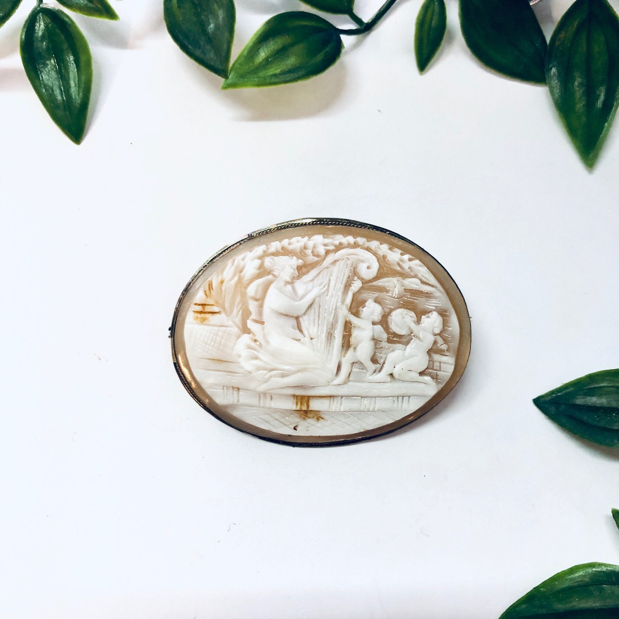 Vintage Brooch, Cameo Brooch, Orange Cameo, Cameo Jewelry, Vintage Jewelry, Silver Cameo, Large Cameo, Musical Brooch, Harp Player, Scenic