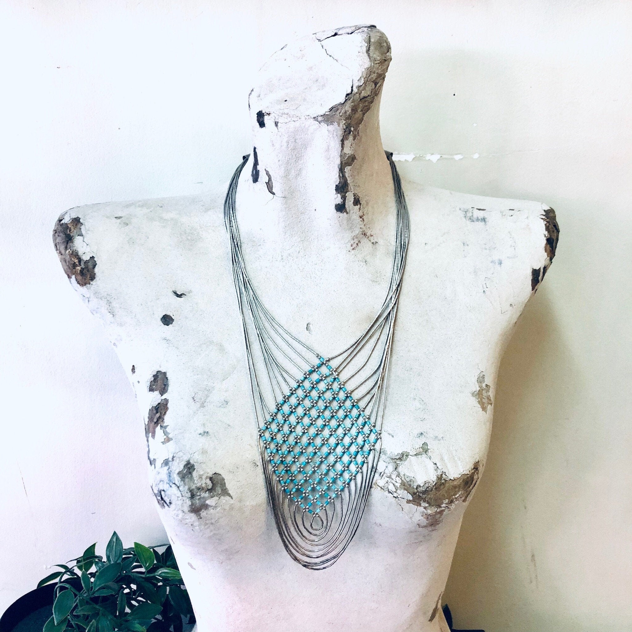 Vintage Necklace, Silver Necklace, Beaded Necklace, Statement Jewelry, Bib Necklace, Turquoise Jewelry, Vintage Jewelry, Multi Stranded, 925