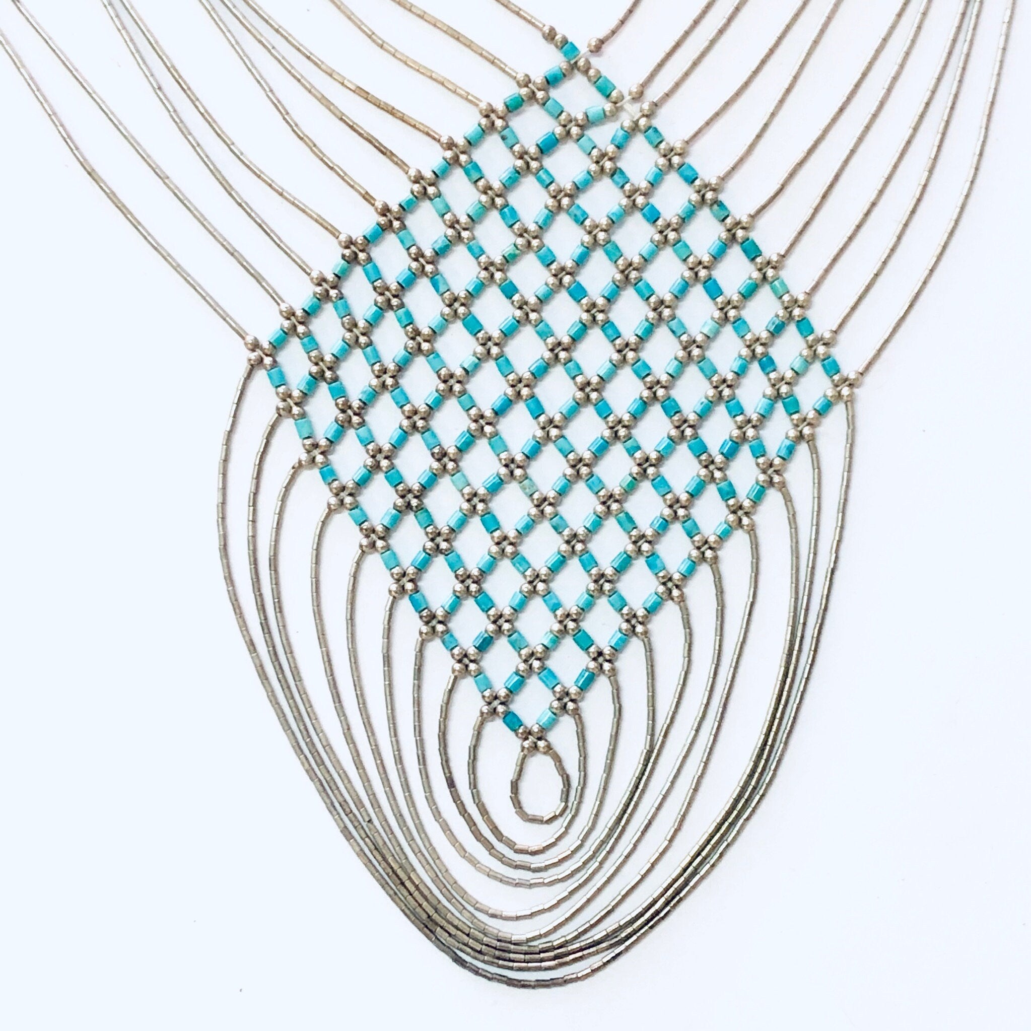 Vintage Necklace, Silver Necklace, Beaded Necklace, Statement Jewelry, Bib Necklace, Turquoise Jewelry, Vintage Jewelry, Multi Stranded, 925
