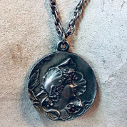 Vintage Necklace, Pewter Necklace, Art Nouveau Pendant, Pewter Jewelry, Vintage Jewelry, Lady Face Pendant, Circle Pendant, Simple Jewelry
