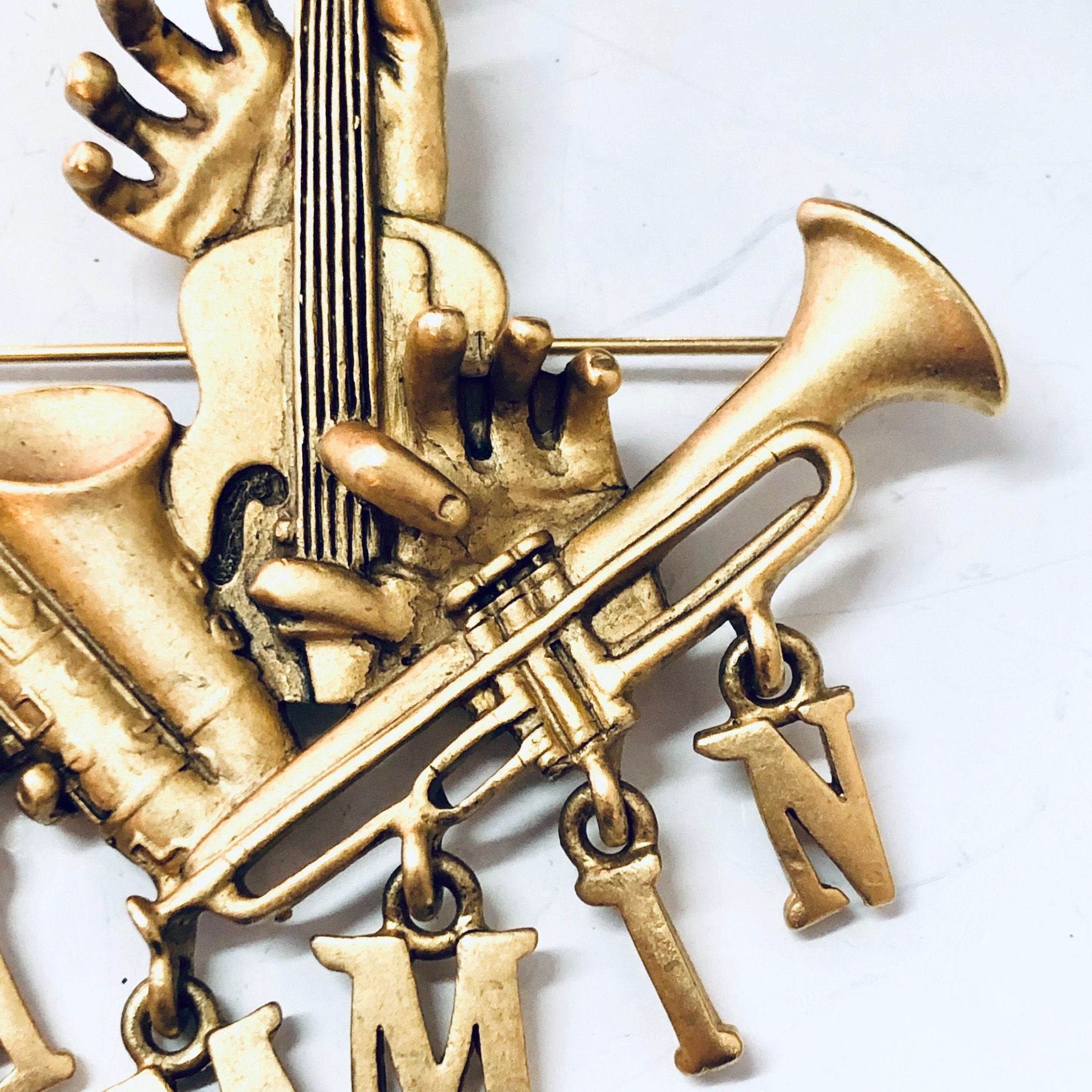 Vintage Brooch, Gold Toned Pin, Jammin Brooch, Musical Pin, Costume Jewelry, Statement Jewelry, Saxophone Pin, Unique Brooch, Rare Pin