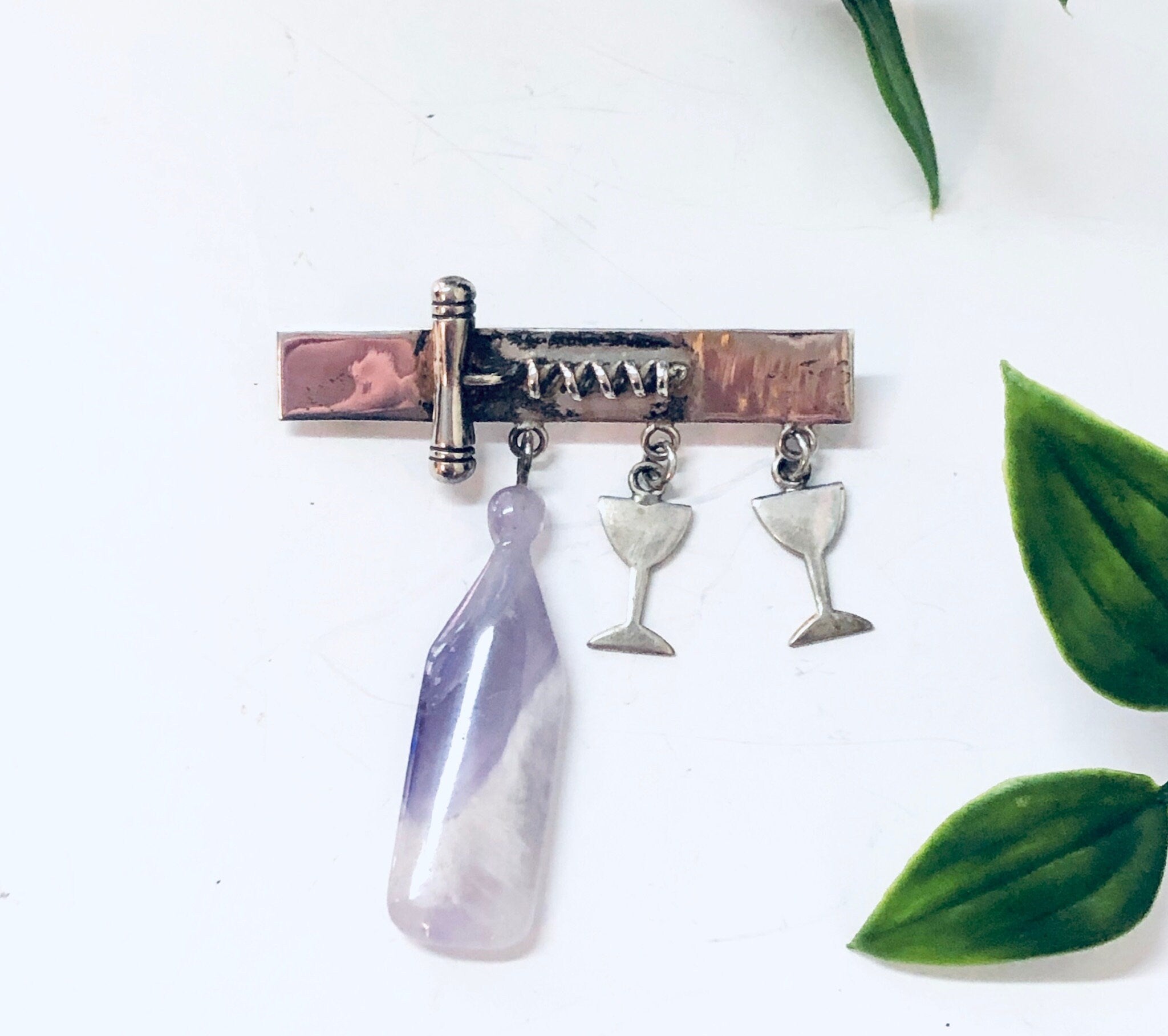 Vintage Brooch, Silver Brooch, Sterling Silver Pin, Vintage Pin, Purple and Silver, Martini Pin, Wine Cork Pin, Wine Jewelry, Unique Pin