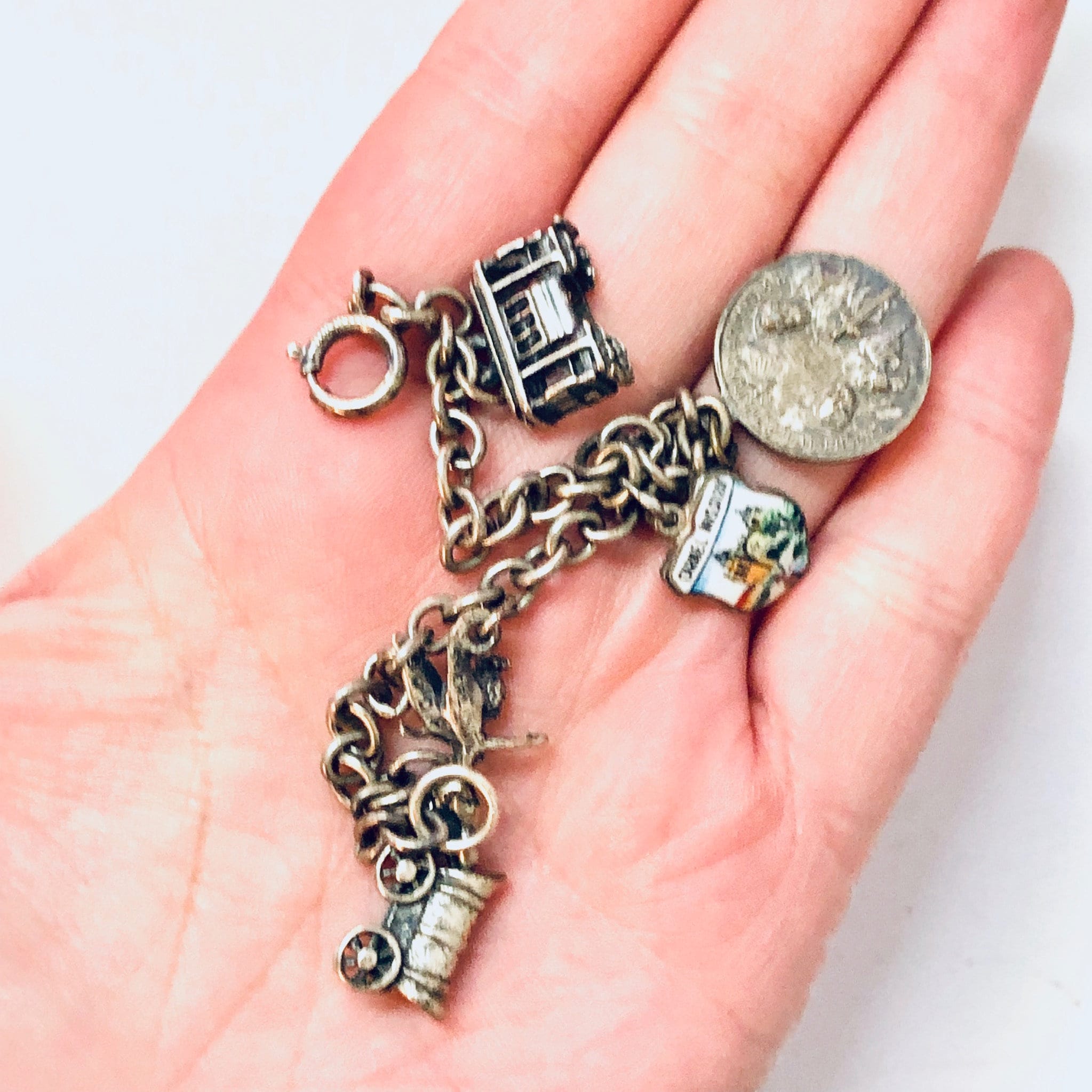 Vintage Bracelet, Charm Bracelet, Charm Jewelry, Silver Bracelet, Vintage Jewelry, Tinkerbell Bracelet, Wagon Charm, Religious Jewelry, 925