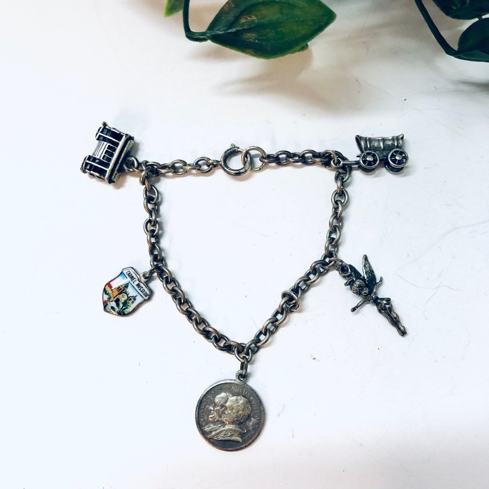 Vintage Bracelet, Charm Bracelet, Charm Jewelry, Silver Bracelet, Vintage Jewelry, Tinkerbell Bracelet, Wagon Charm, Religious Jewelry, 925