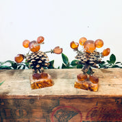 Vintage Figurines, Amber Figures, Mouse Figurines, Pine Cone Art, Brown and Orange, Unique Decor, Vintage Home Decor, Brass Accents, Baltic