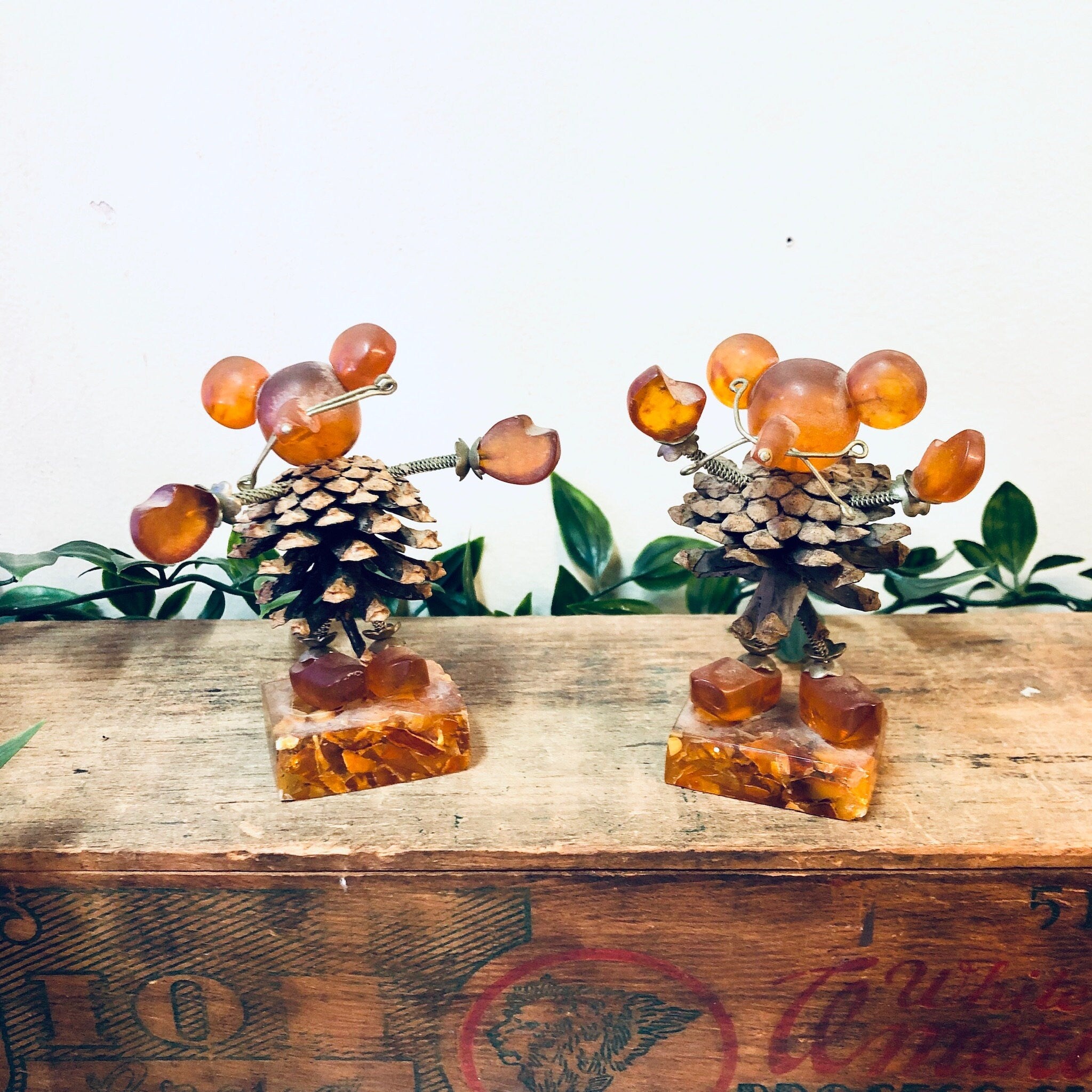 Vintage Figurines, Amber Figures, Mouse Figurines, Pine Cone Art, Brown and Orange, Unique Decor, Vintage Home Decor, Brass Accents, Baltic