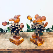 Vintage Figurines, Amber Figures, Mouse Figurines, Pine Cone Art, Brown and Orange, Unique Decor, Vintage Home Decor, Brass Accents, Baltic