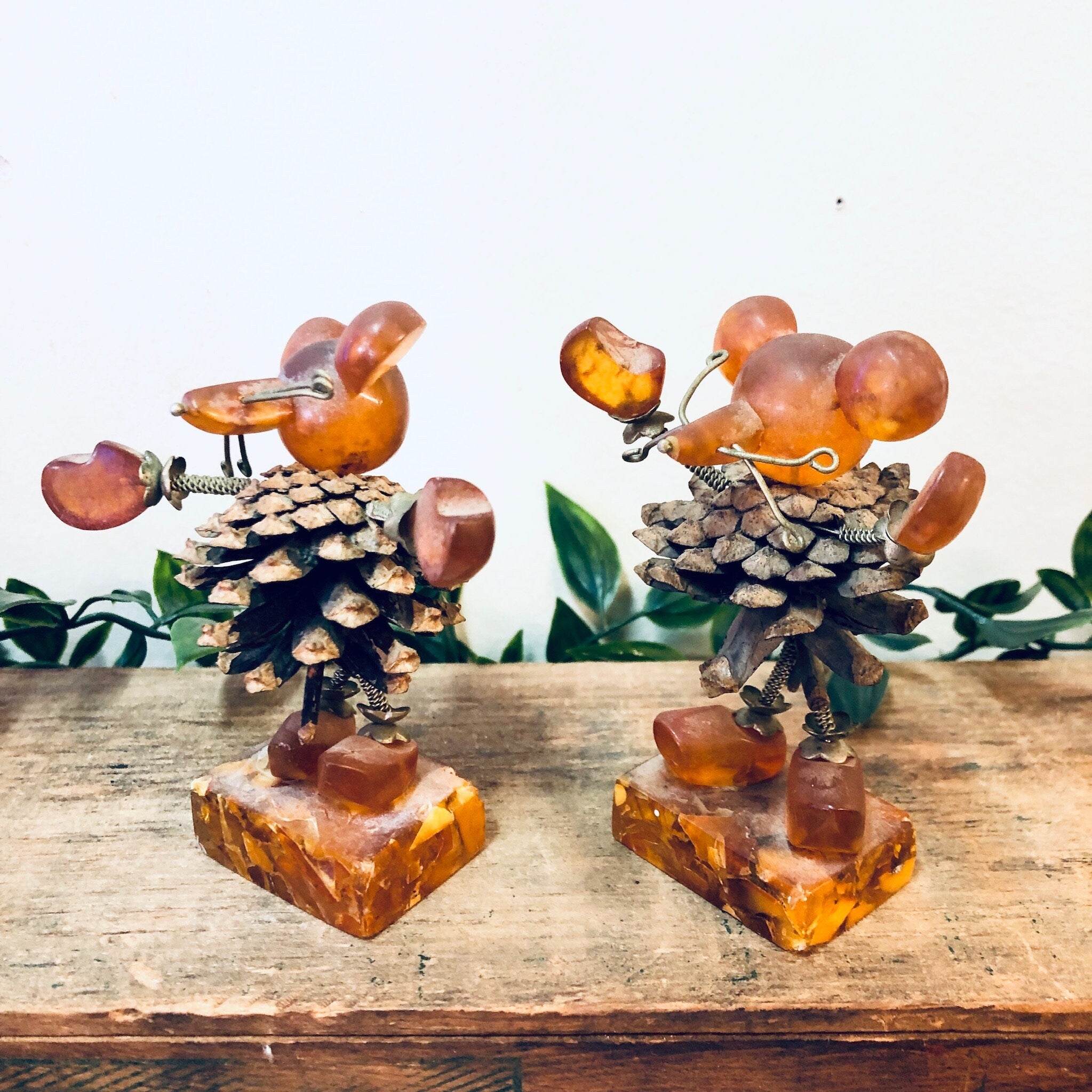 Vintage Figurines, Amber Figures, Mouse Figurines, Pine Cone Art, Brown and Orange, Unique Decor, Vintage Home Decor, Brass Accents, Baltic