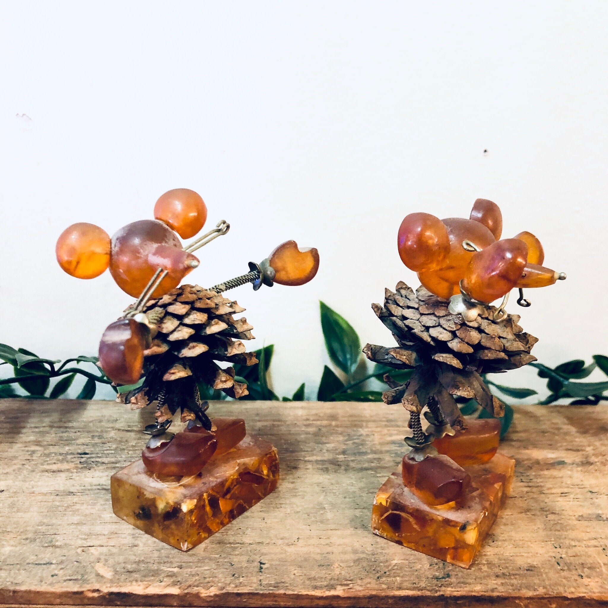Vintage Figurines, Amber Figures, Mouse Figurines, Pine Cone Art, Brown and Orange, Unique Decor, Vintage Home Decor, Brass Accents, Baltic