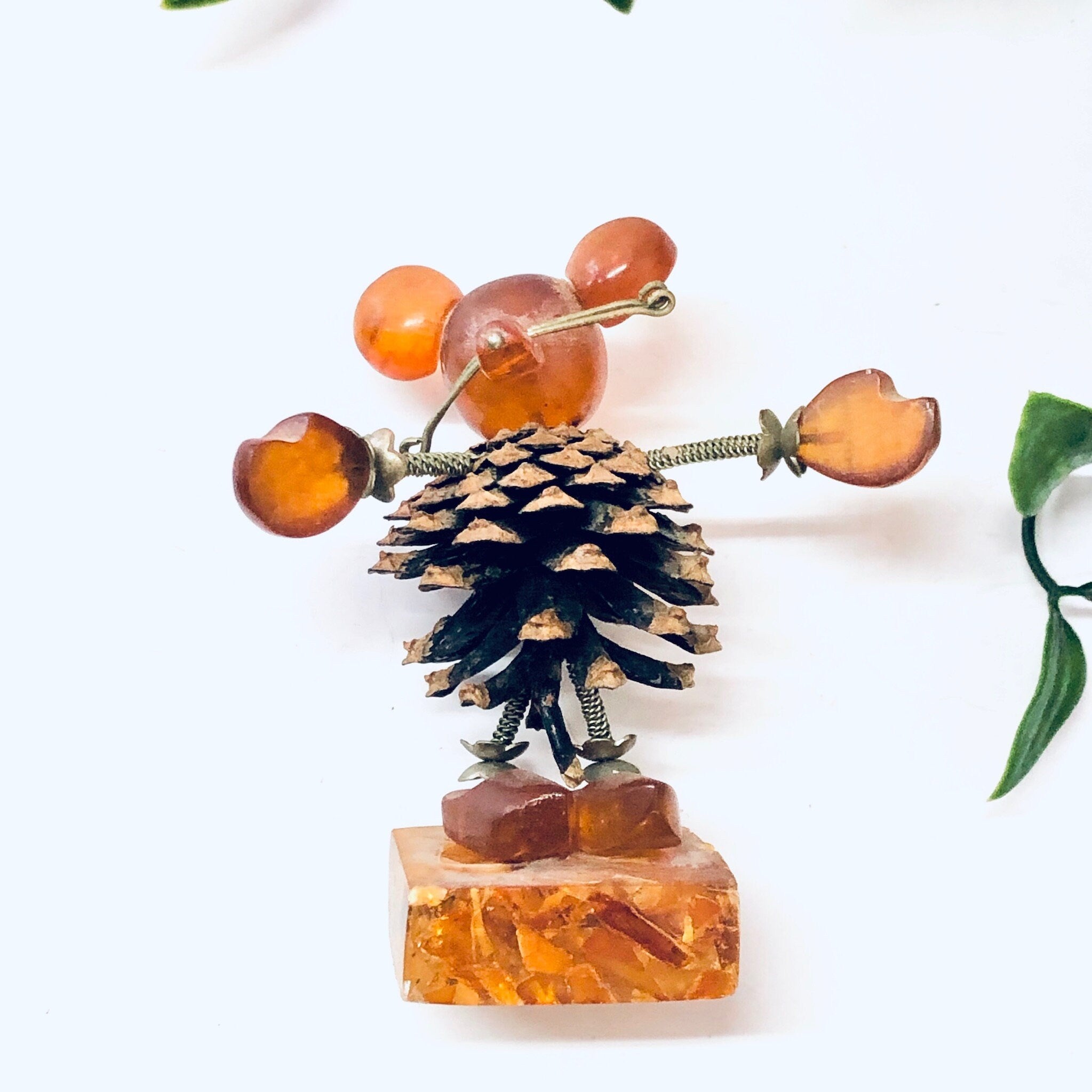 Vintage Figurines, Amber Figures, Mouse Figurines, Pine Cone Art, Brown and Orange, Unique Decor, Vintage Home Decor, Brass Accents, Baltic
