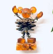 Vintage Figurines, Amber Figures, Mouse Figurines, Pine Cone Art, Brown and Orange, Unique Decor, Vintage Home Decor, Brass Accents, Baltic