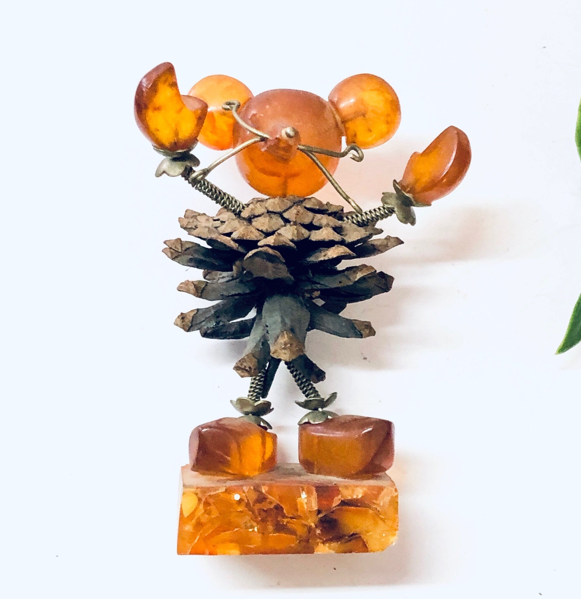 Vintage Figurines, Amber Figures, Mouse Figurines, Pine Cone Art, Brown and Orange, Unique Decor, Vintage Home Decor, Brass Accents, Baltic