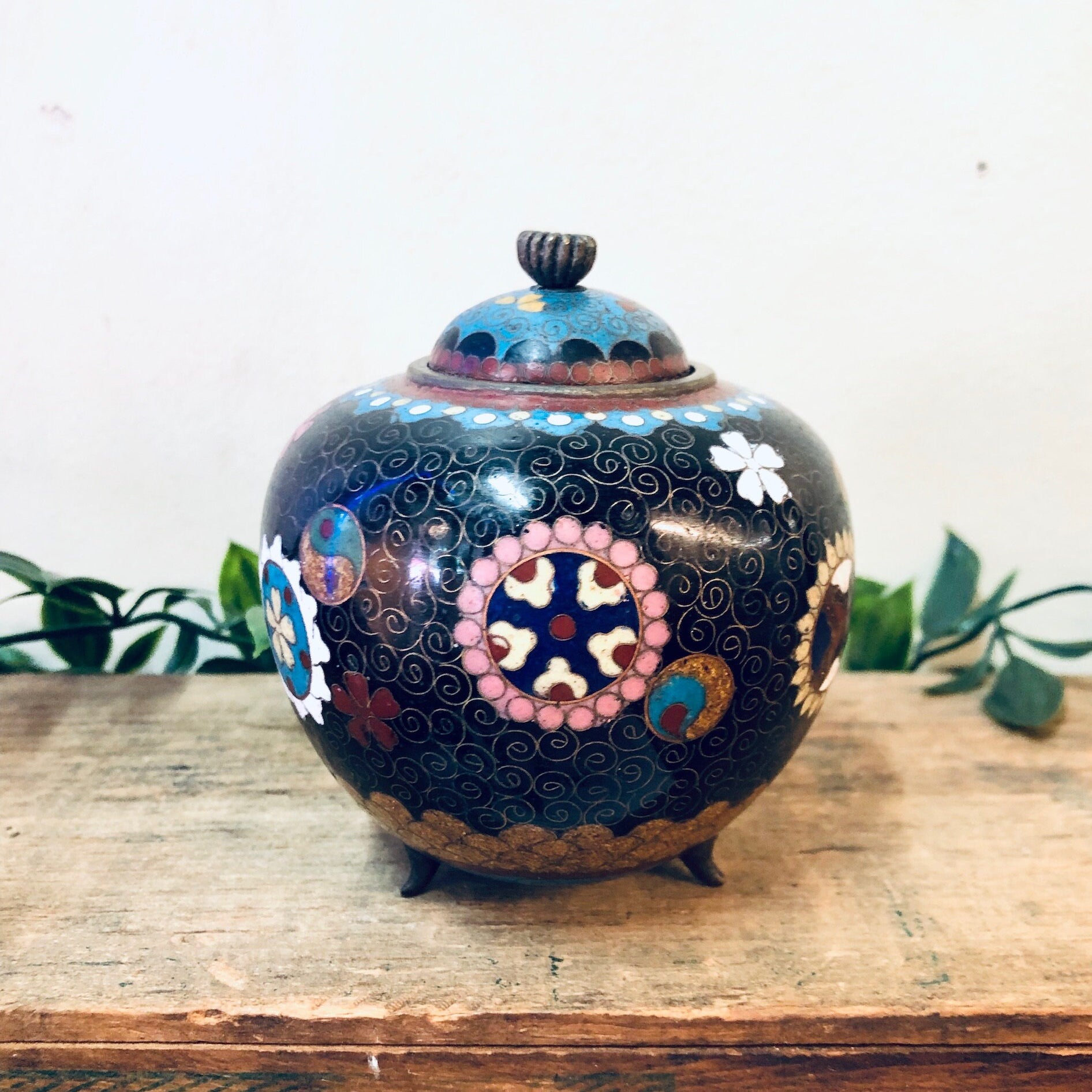 Cloissone Urn, Vintage Cloissone, Lidded Vase, Small Vase, Blue, Pink, Green, Yin Yang Vase, Antique Chinese Decor, Vintage Home Decor,