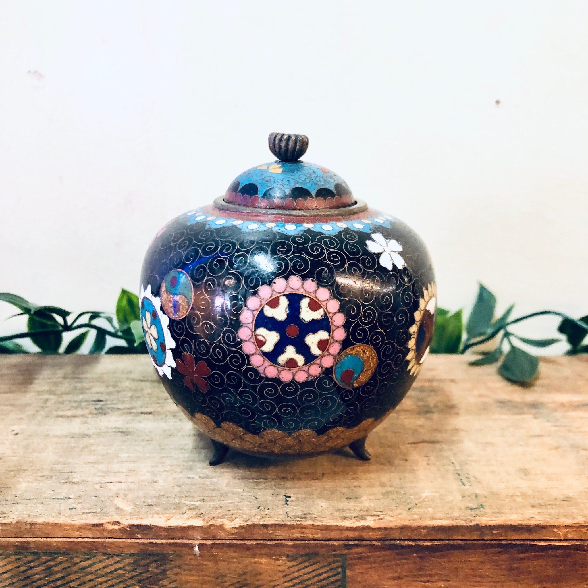 Cloissone Urn, Vintage Cloissone, Lidded Vase, Small Vase, Blue, Pink, Green, Yin Yang Vase, Antique Chinese Decor, Vintage Home Decor,