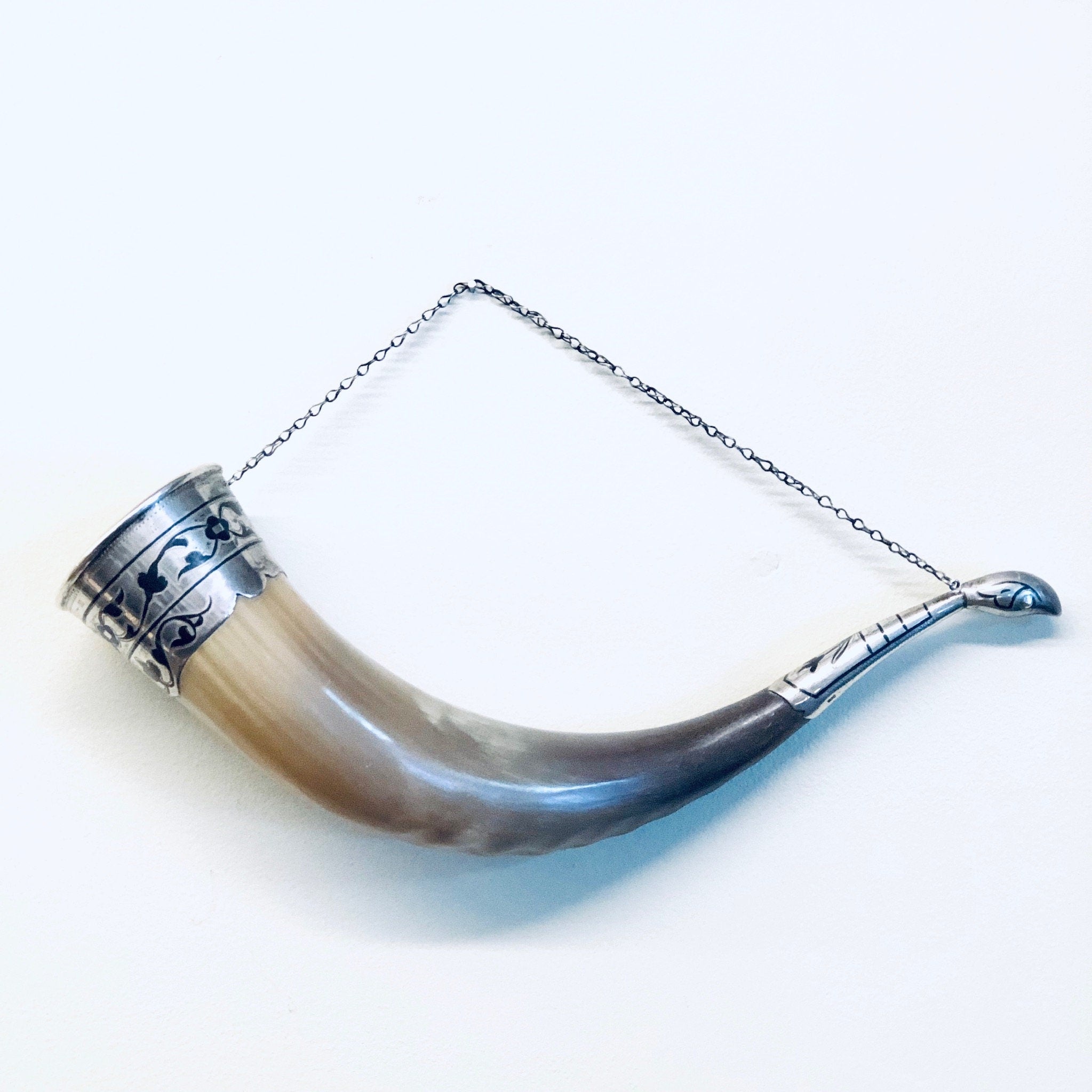 Vintage Horn, Horn Decor, Decorative Horn, Vintage Home Decor, Wall Decor, Silver Accents, Horn Cup, Unique Decor, Rare, Wall Hanging